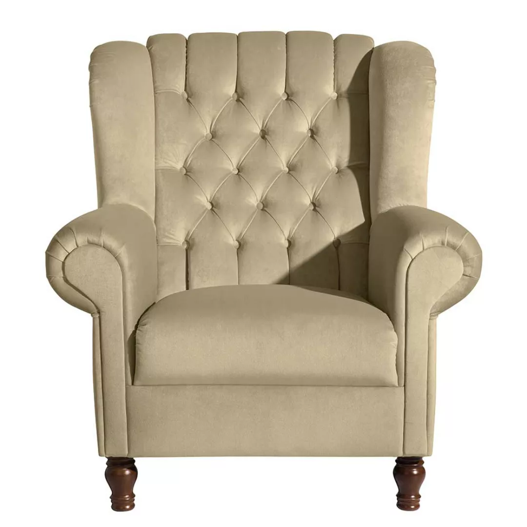 Federkern Wohnzimmer Sessel in Beige Samt Chesterfield Look günstig online kaufen