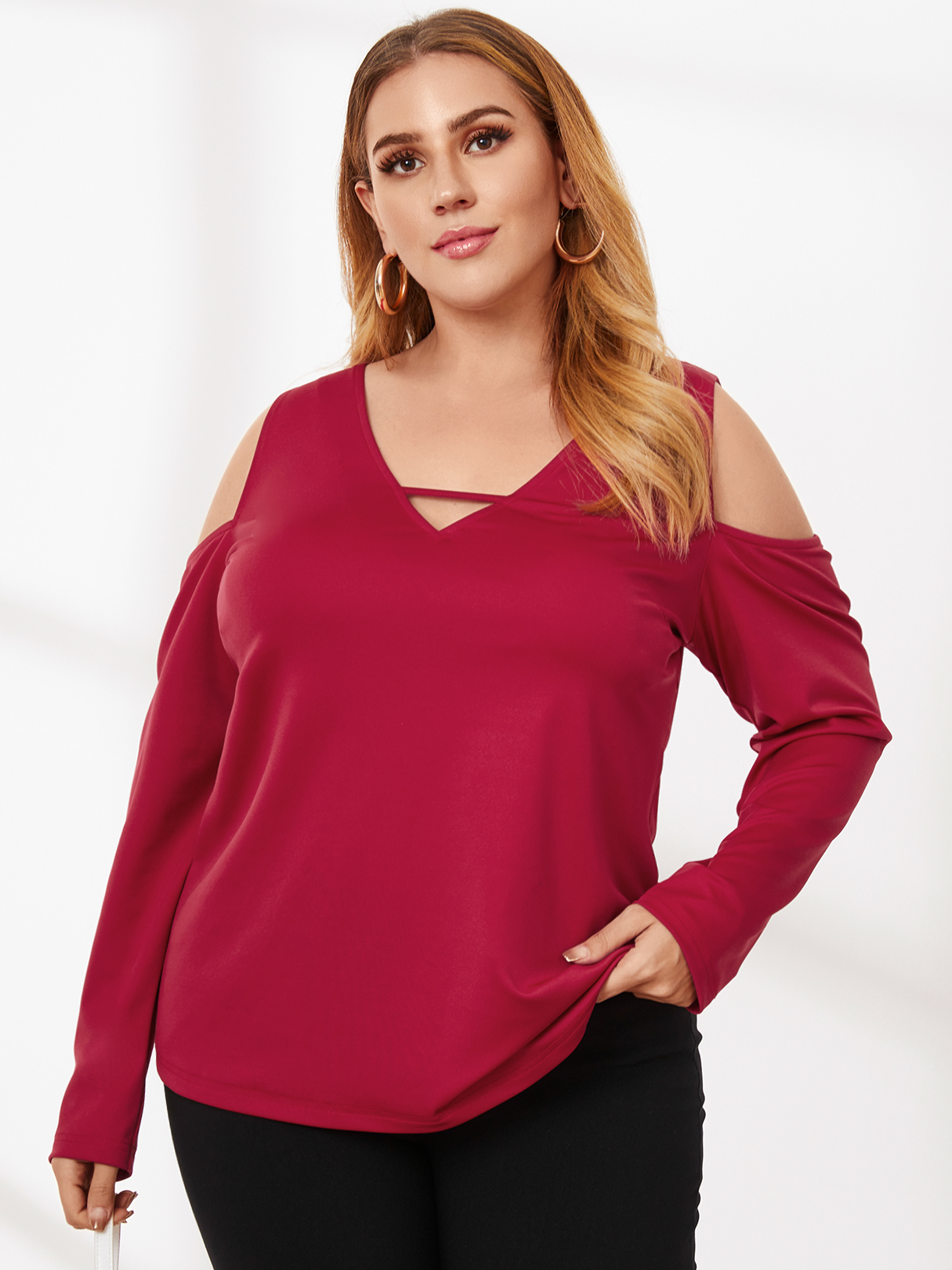 YOINS Plus Größe Cold Shoulder Langarm T-Shirt günstig online kaufen