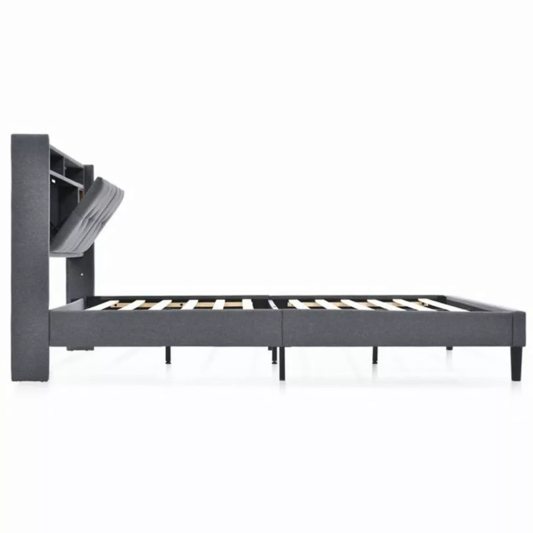 WISHDOR Polsterbett Doppelbett MassivholzBett (Bett mit aufladen USB und LE günstig online kaufen