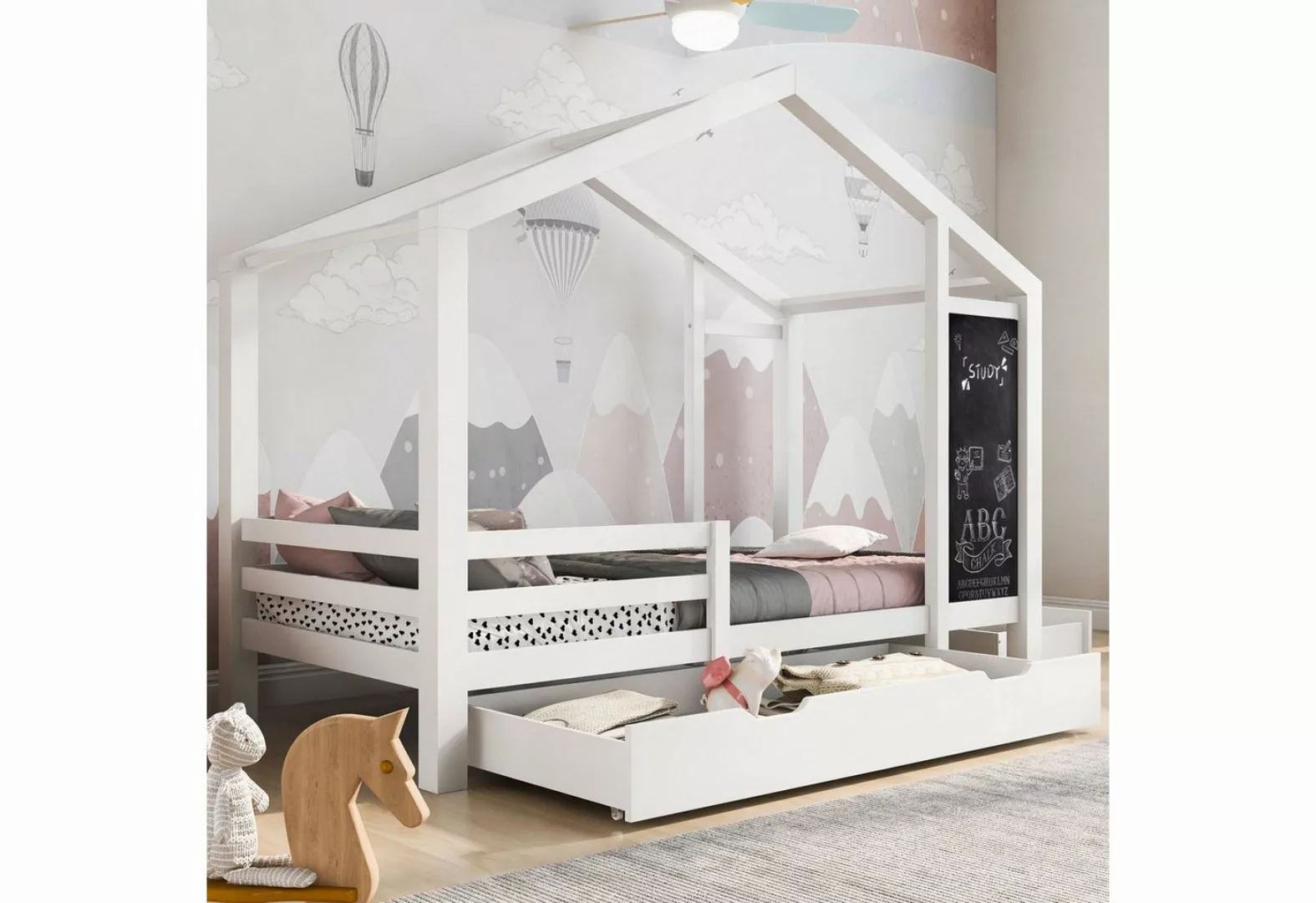 Flieks Kinderbett, Hausbett mit 2 Schubladen und Tafel 90x200cm Kiefer günstig online kaufen