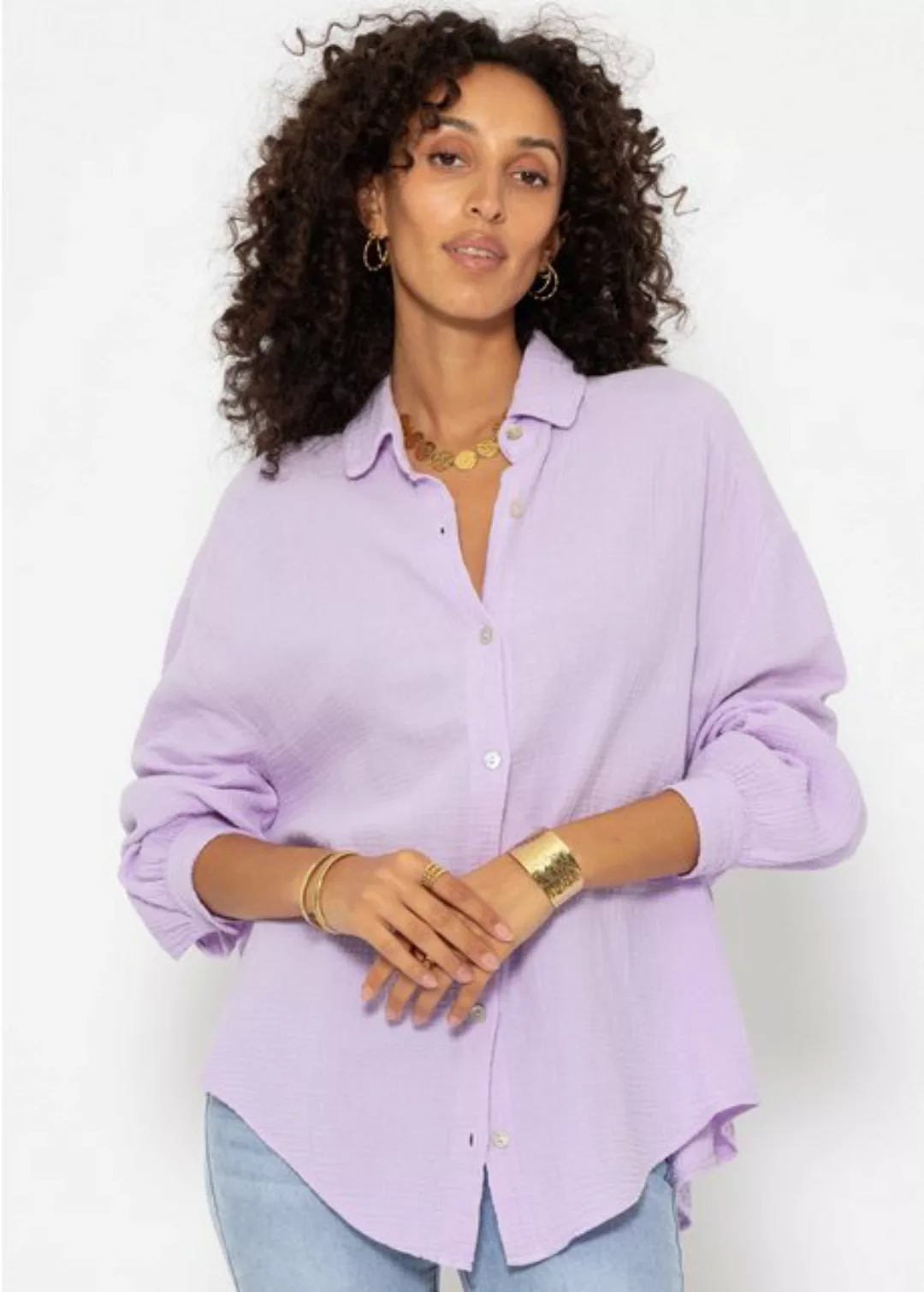 SASSYCLASSY Longbluse Oversize Musselin Bluse Damen kurz Langarm Elegant He günstig online kaufen