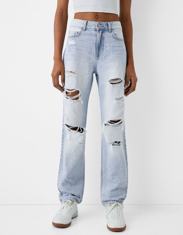 Bershka Cropped-Jeans Im Straight-Fit Damen 40 Hellblau günstig online kaufen