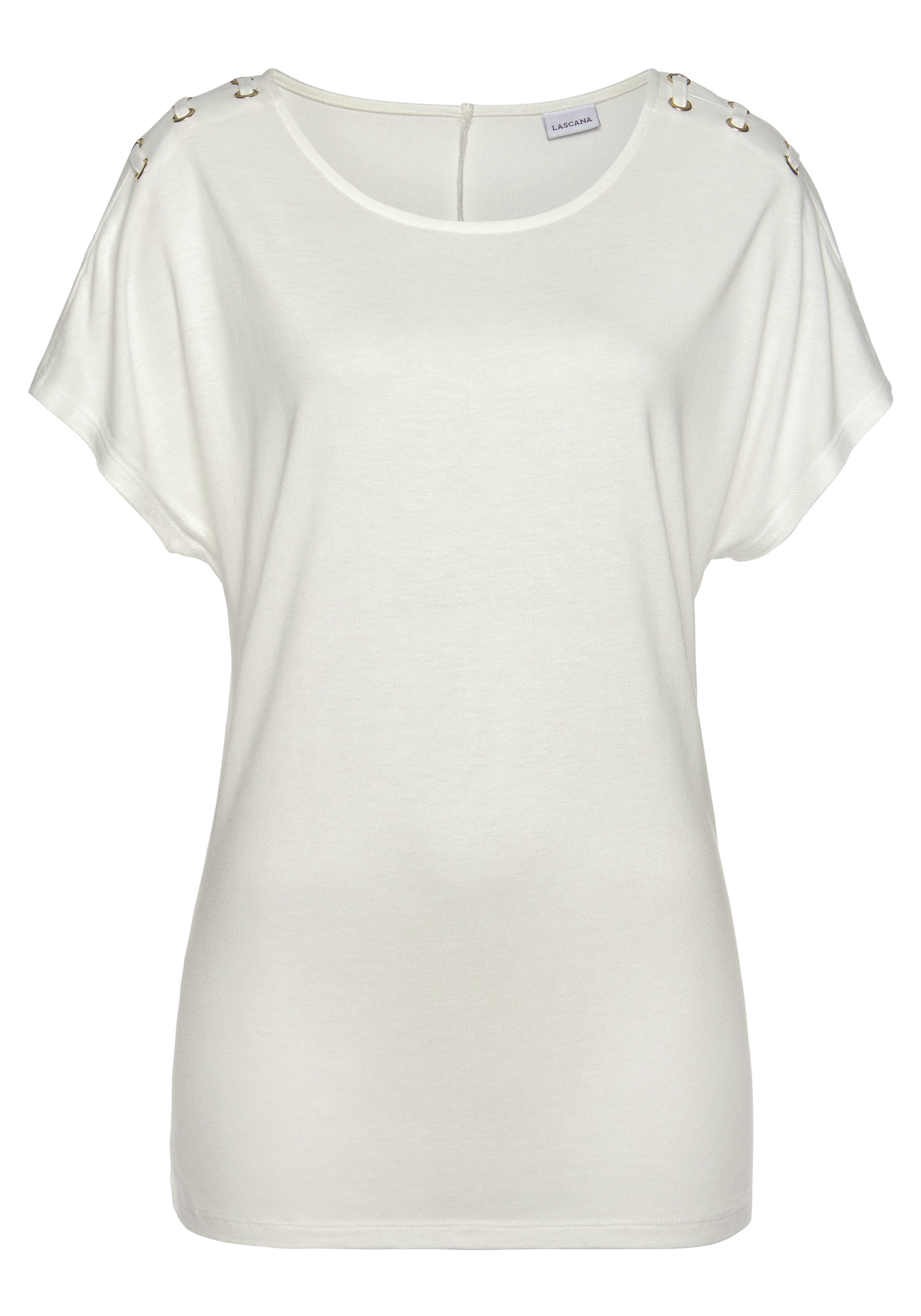 LASCANA Kurzarmshirt mit Schnüroptik auf den Schultern, T-Shirt, weiche Jer günstig online kaufen