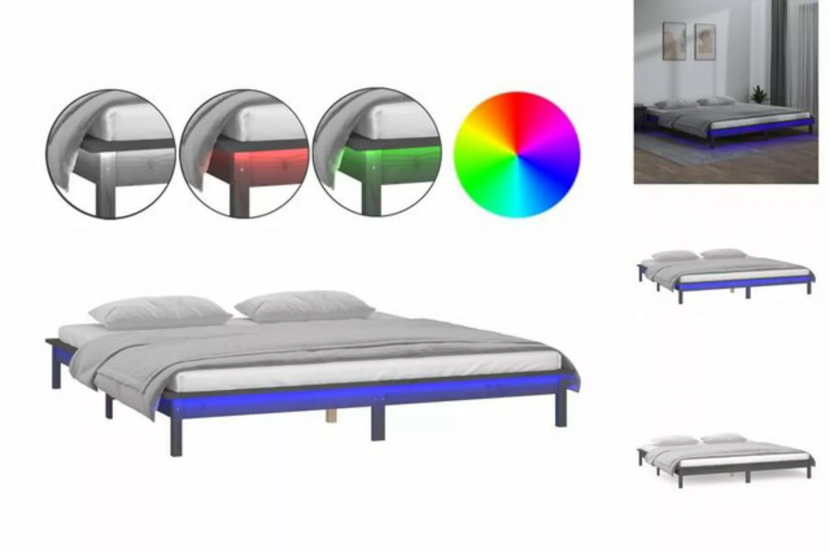 vidaXL Bettgestell Massivholzbett mit LEDs Grau 140x190 cm Bett Bettrahmen günstig online kaufen