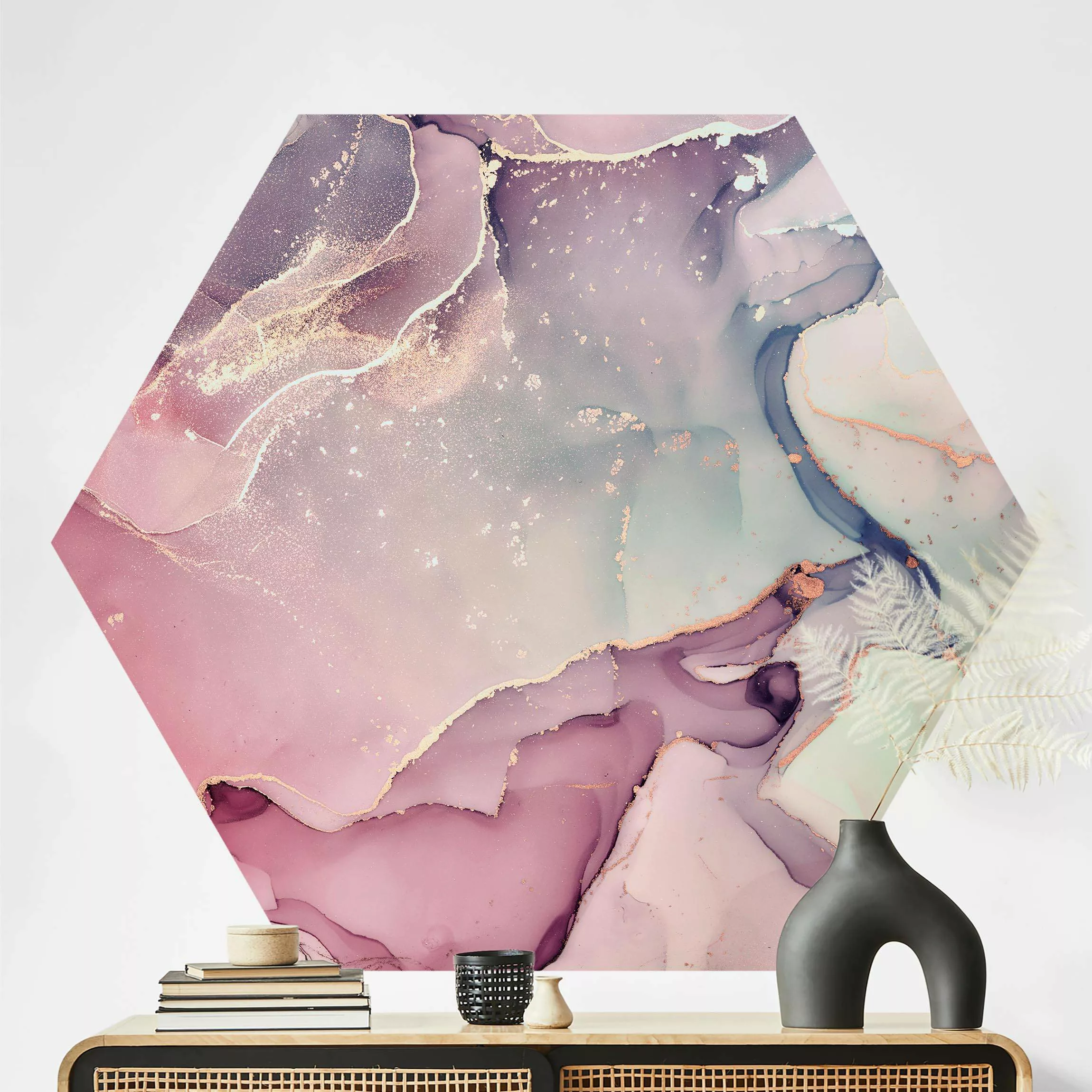 Hexagon Tapete selbstklebend Aquarell Pastell Rosa mit Gold günstig online kaufen