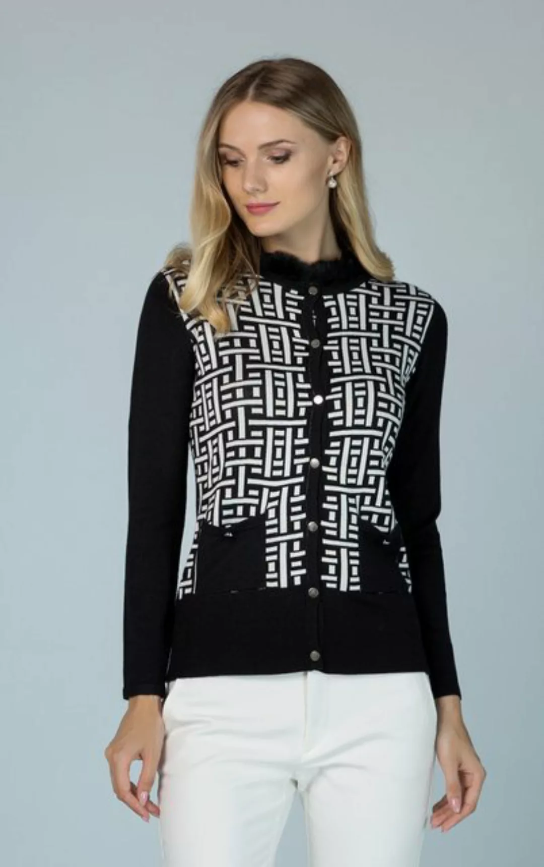 Passioni Cardigan Twinset mit schwarz-weißem geometrischem Muster günstig online kaufen