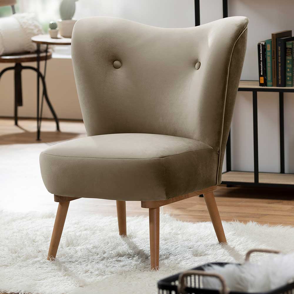 Lounge Sessel in Beigegrau Samtvelours Vierfußgestell aus Holz günstig online kaufen