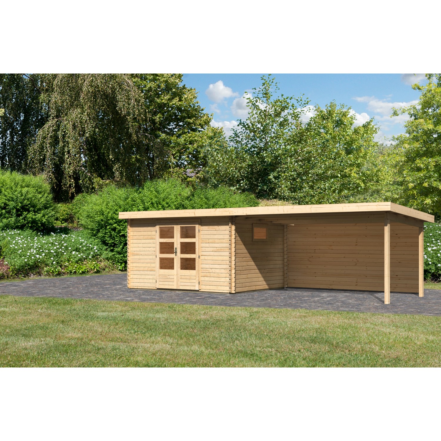 Karibu Gartenhaus Jeebel 4 m. Anbaudach 4,4 m Rückwand Natur günstig online kaufen