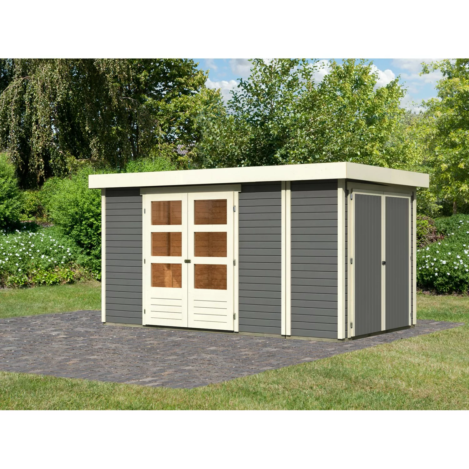 Karibu Gartenhaus Set Retola 5 Terragrau mit Anbauschrank 6,35 m² günstig online kaufen