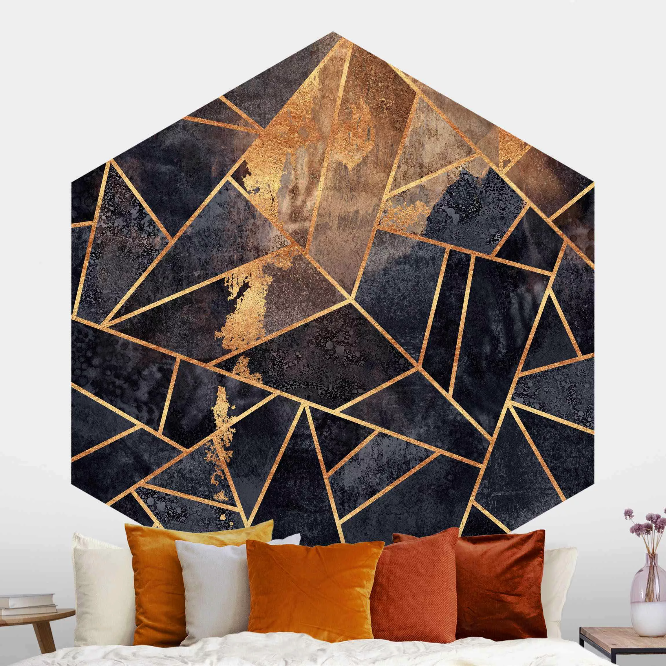 Hexagon Mustertapete Onyx mit Gold günstig online kaufen