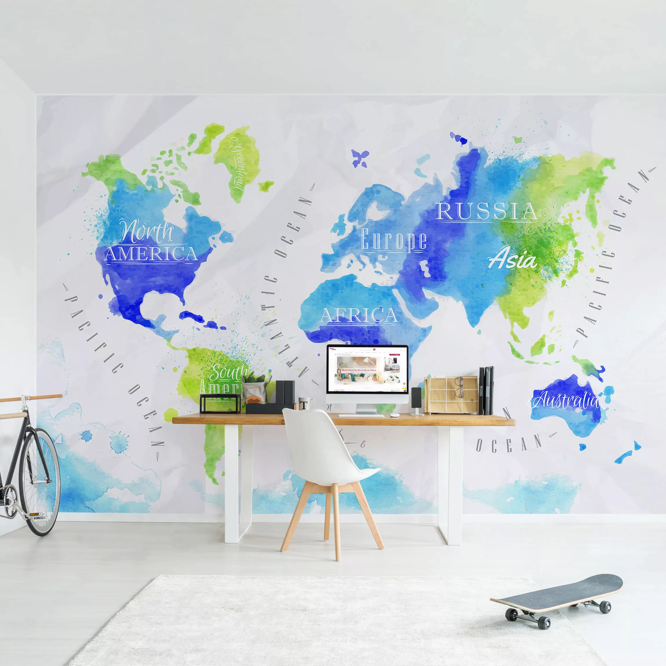 Fototapete Weltkarte Aquarell blau grün günstig online kaufen