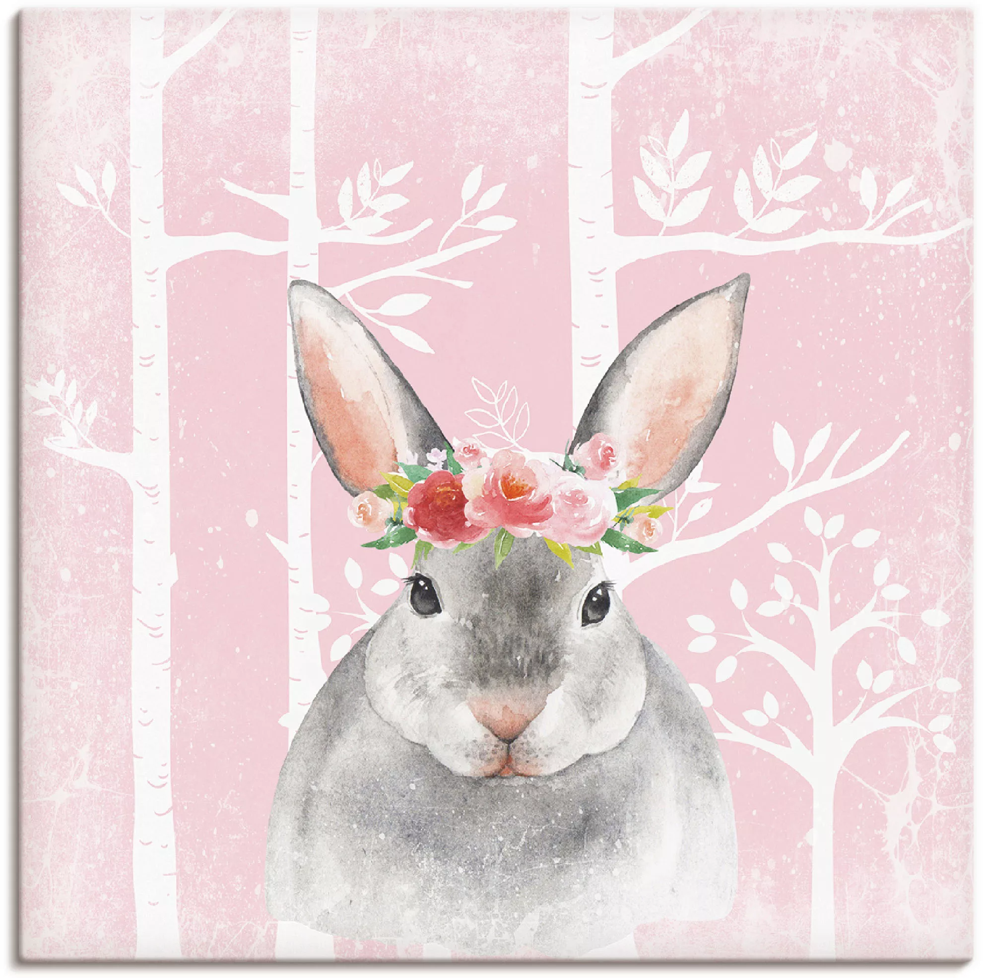 Artland Leinwandbild »Hase mit Blumen im pink Wald«, Tiere, (1 St.), auf Ke günstig online kaufen