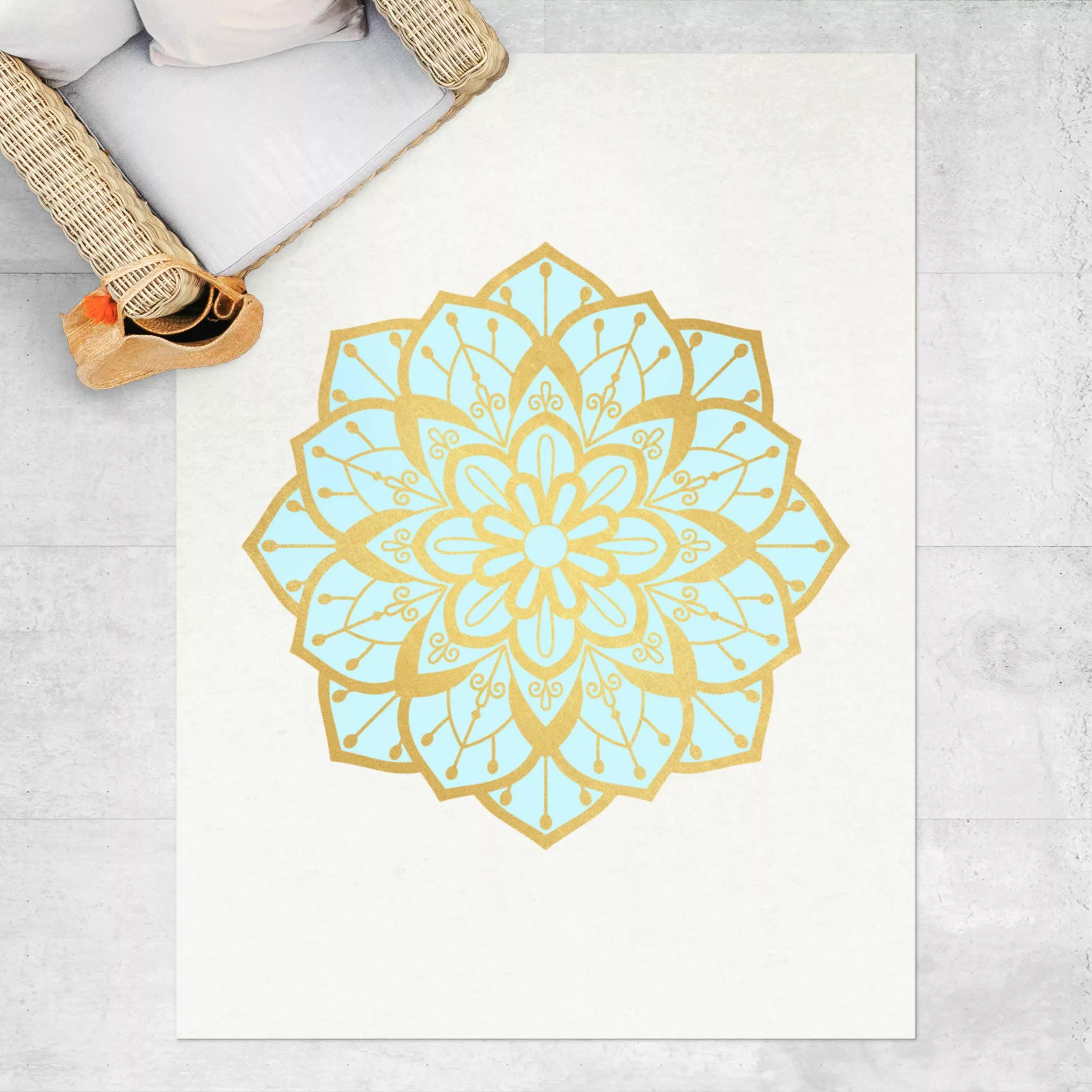 Vinyl-Teppich Mandala Illustration Blüte hellblau gold günstig online kaufen