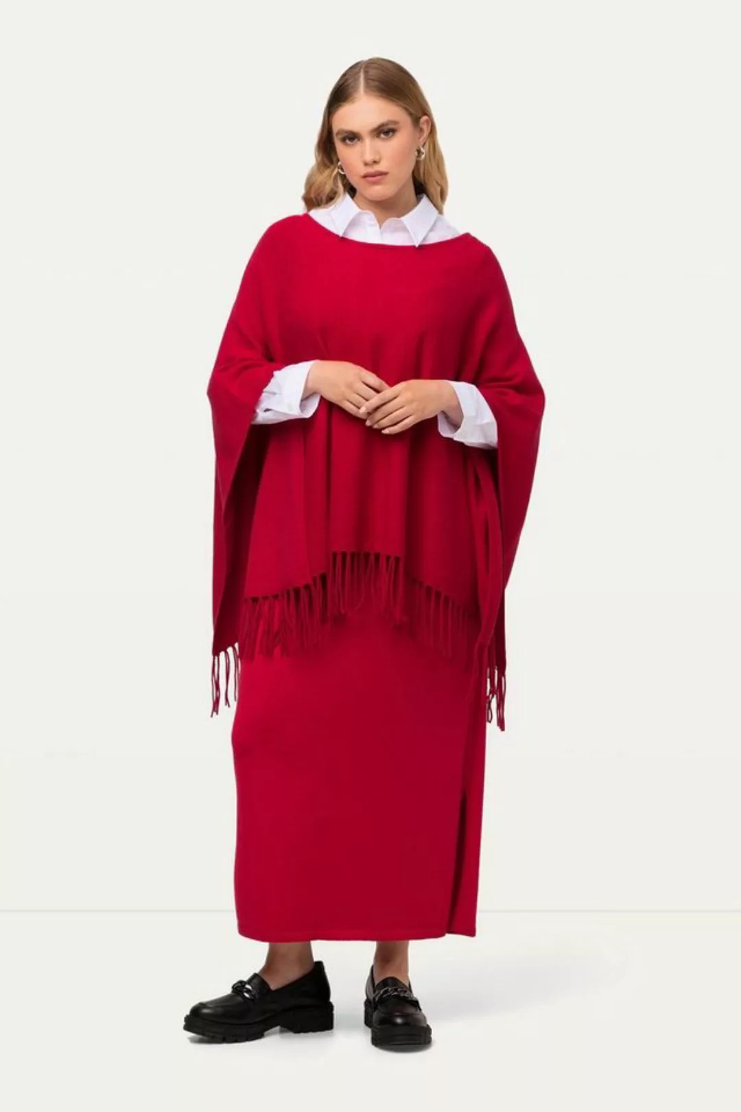 Ulla Popken Pullunder Strickponcho Oversized Fransen U-Boot-Ausschnitt günstig online kaufen