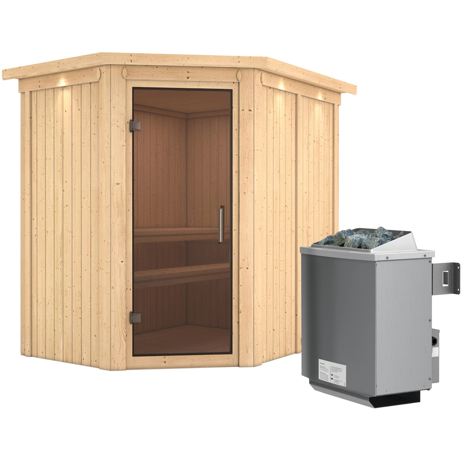 Karibu Sauna Cleo inkl. Ofen 9 kW mit integr. Steuerung, Dachkranz, Tür Gra günstig online kaufen