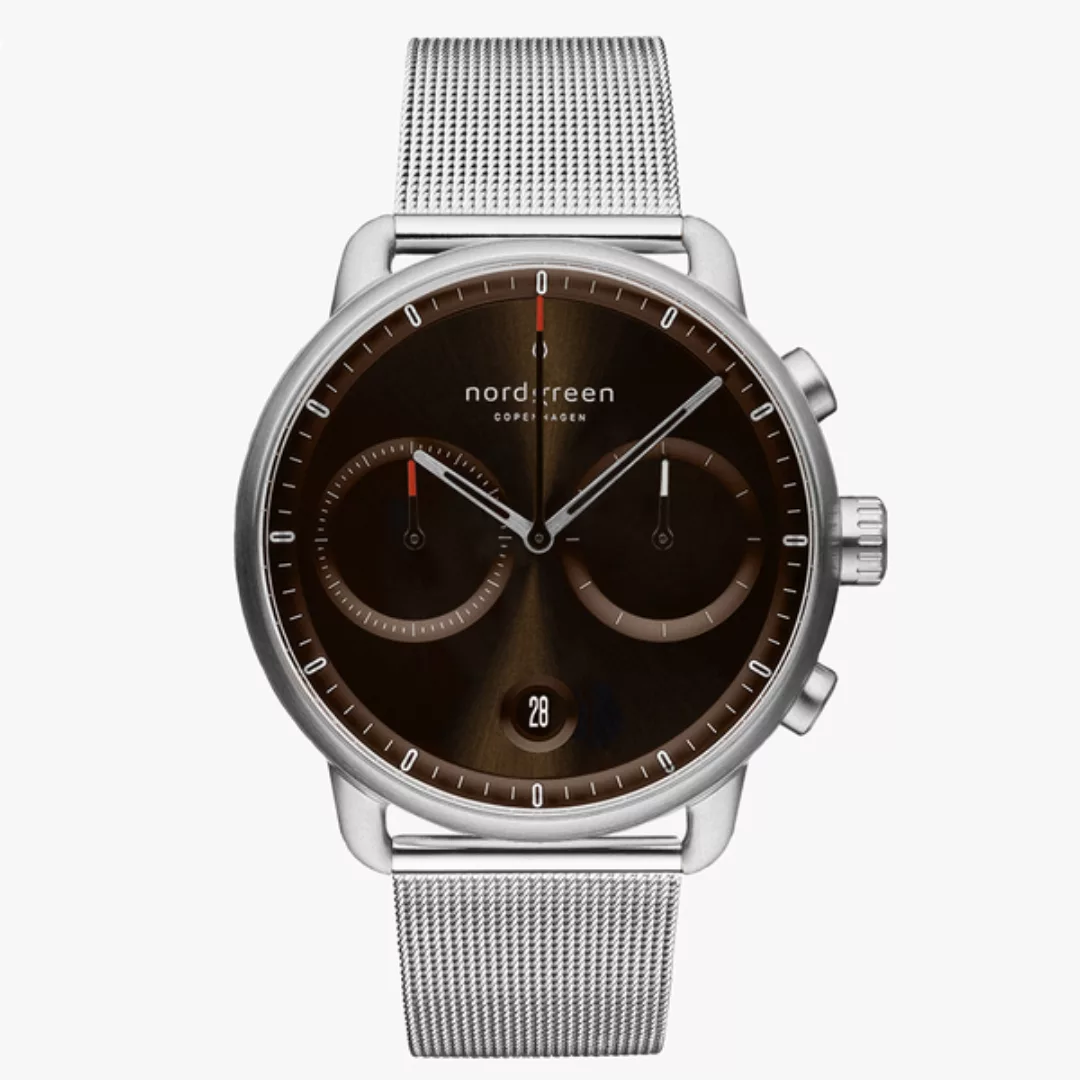 Chronograph Pioneer Silber Uhr | Brown Sunray Ziffernblatt - Mesharmband günstig online kaufen