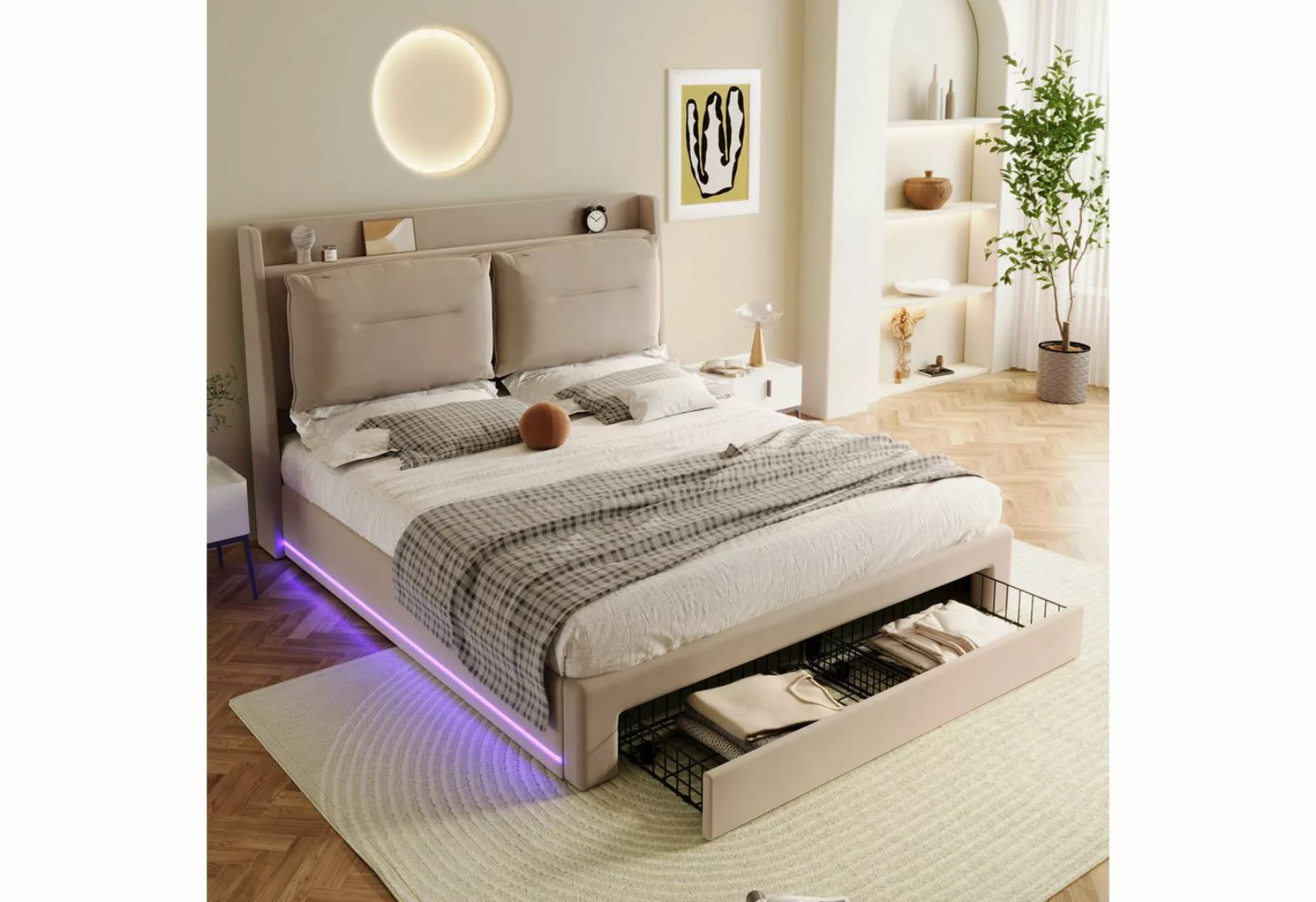 WISHDOR Polsterbett Hydraulisches Bett (LED-Licht-Polsterbett, mit Lattenro günstig online kaufen