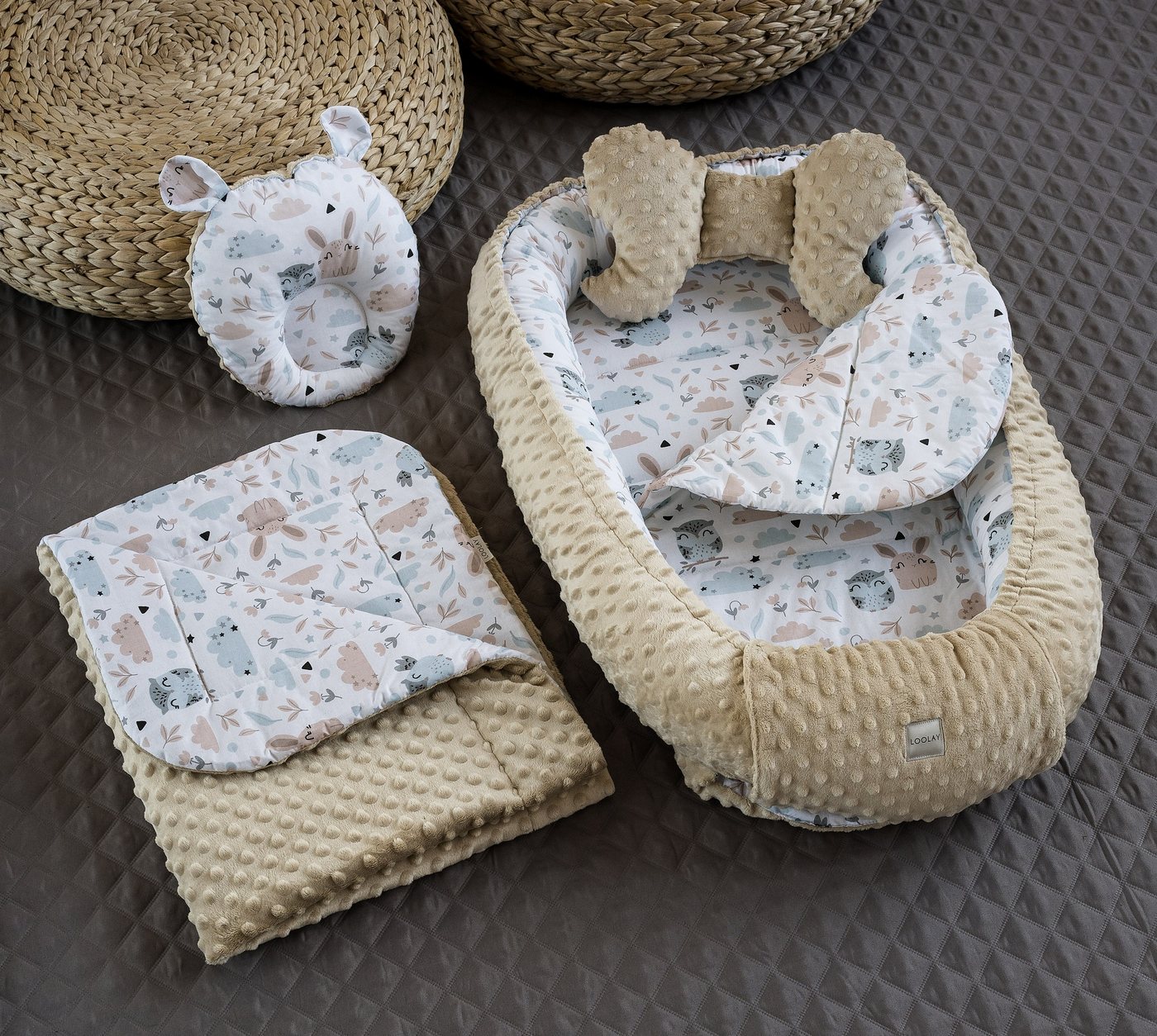 Loolay Baby-Reisebett HASE Beige Weiß/ MINKY Fleece BEIGE Babynest Babyauss günstig online kaufen