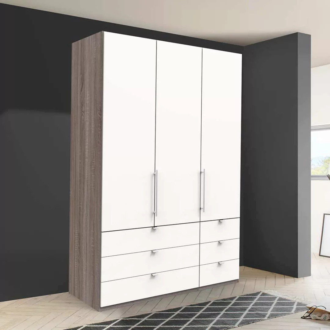 Kompakter Schlafzimmerschrank in Weiß Eiche Trüffelfarben Made in Germany günstig online kaufen