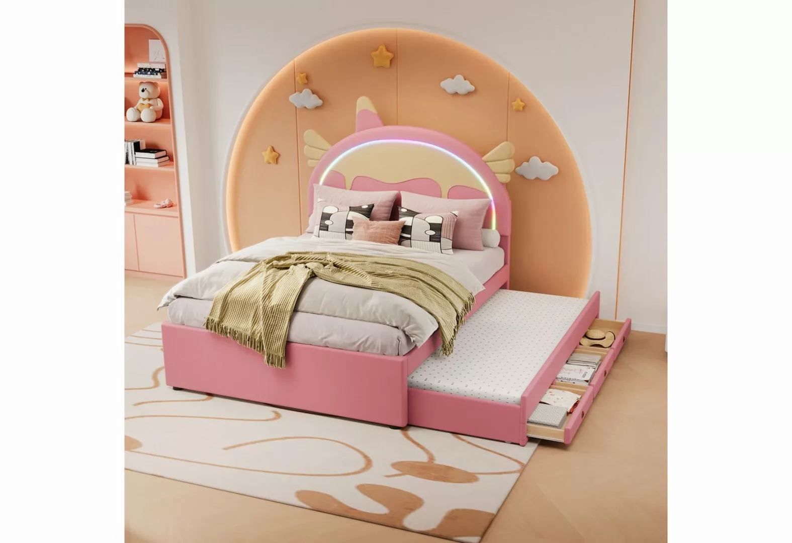 HAUSS SPLOE Kinderbett 140 x 200cm Einhornform, mit ausziehbares Rollbett, günstig online kaufen