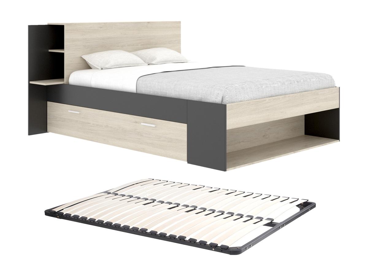 Bett mit Stauraum + Lattenrost - 140 x 190 cm - Holzfarben & Schwarz - KERO günstig online kaufen
