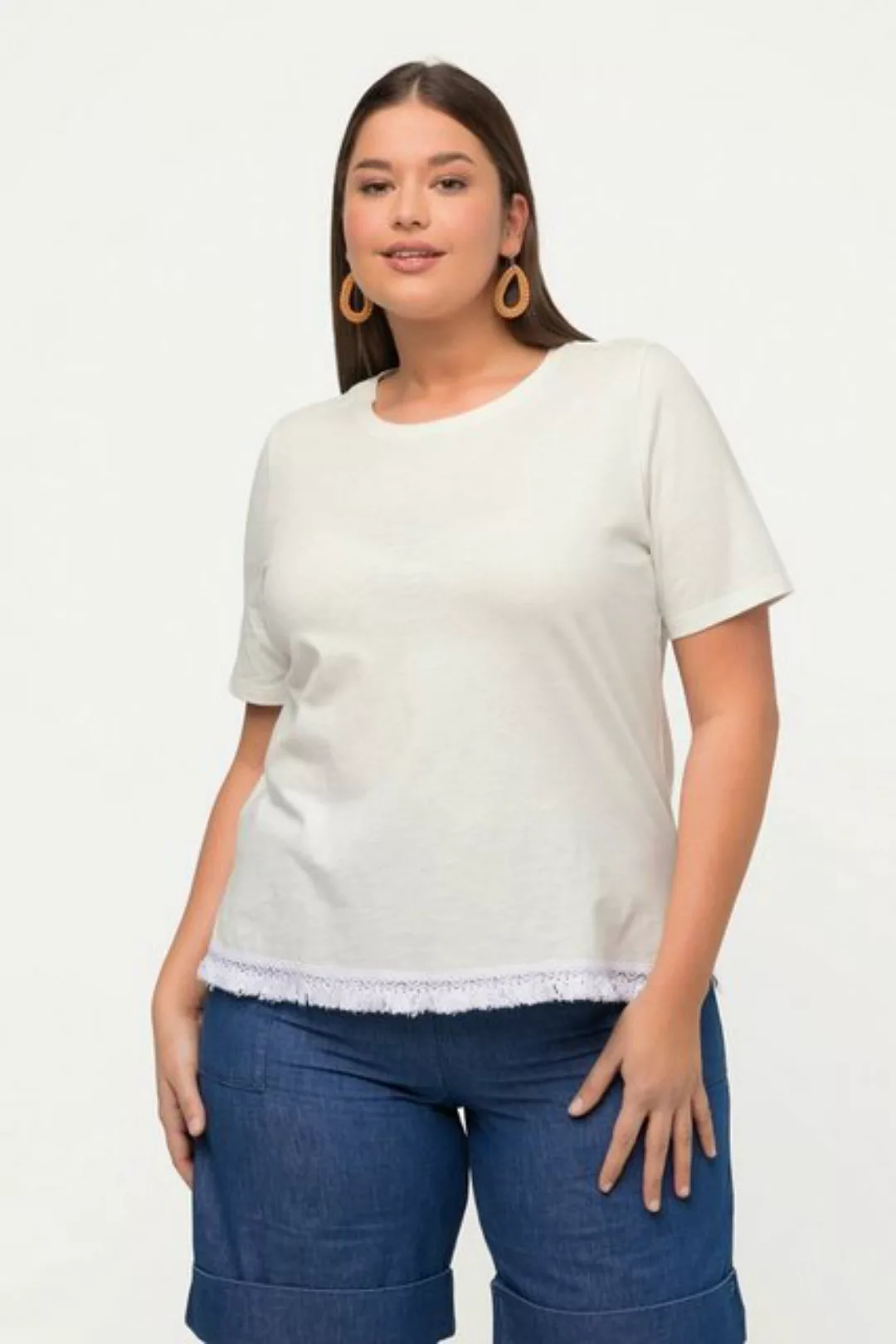 Ulla Popken Rundhalsshirt T-Shirt Biobaumwolle Zier-Fransen günstig online kaufen