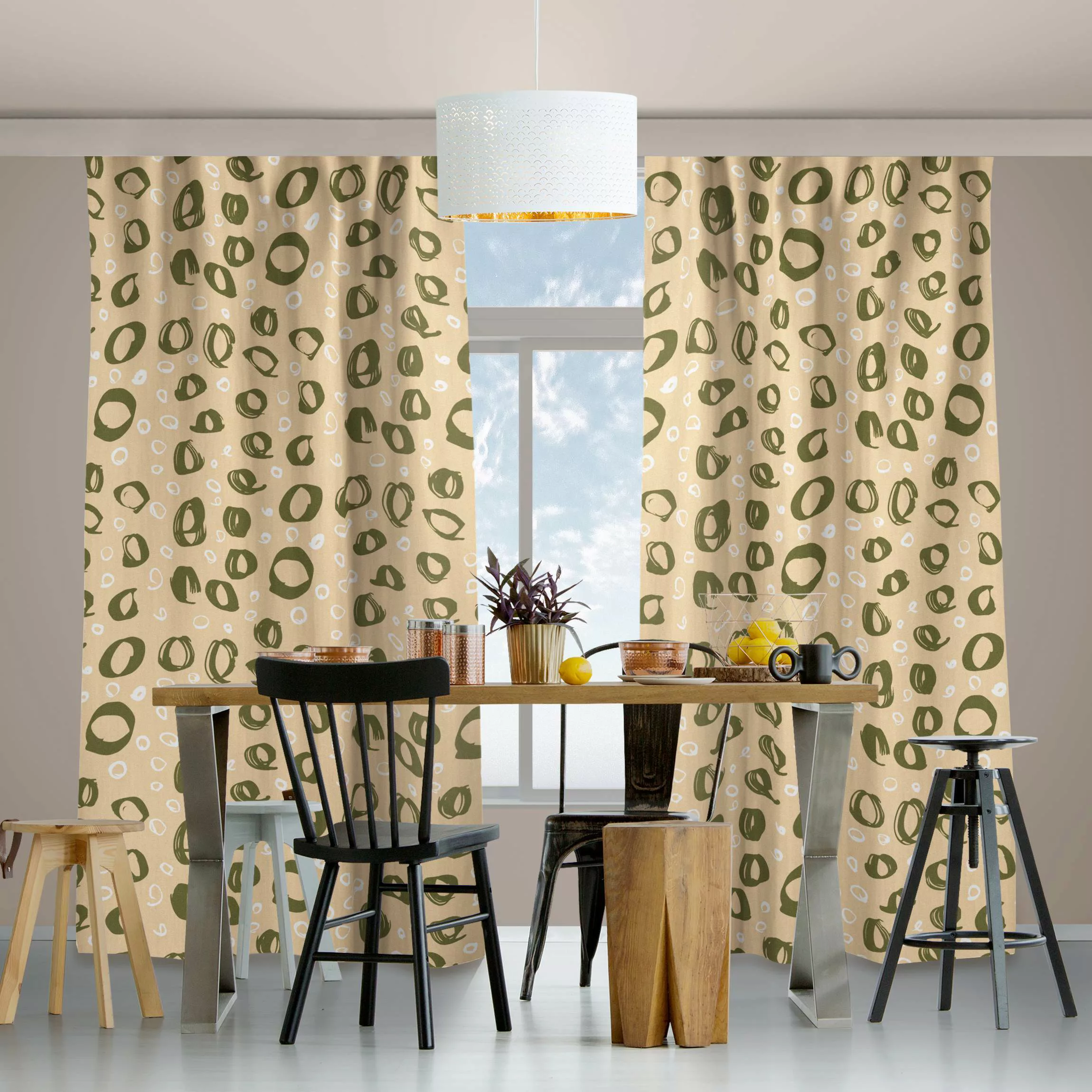 Vorhang Pinsel Kreis Muster - Pastell Orange und Olive Grün günstig online kaufen