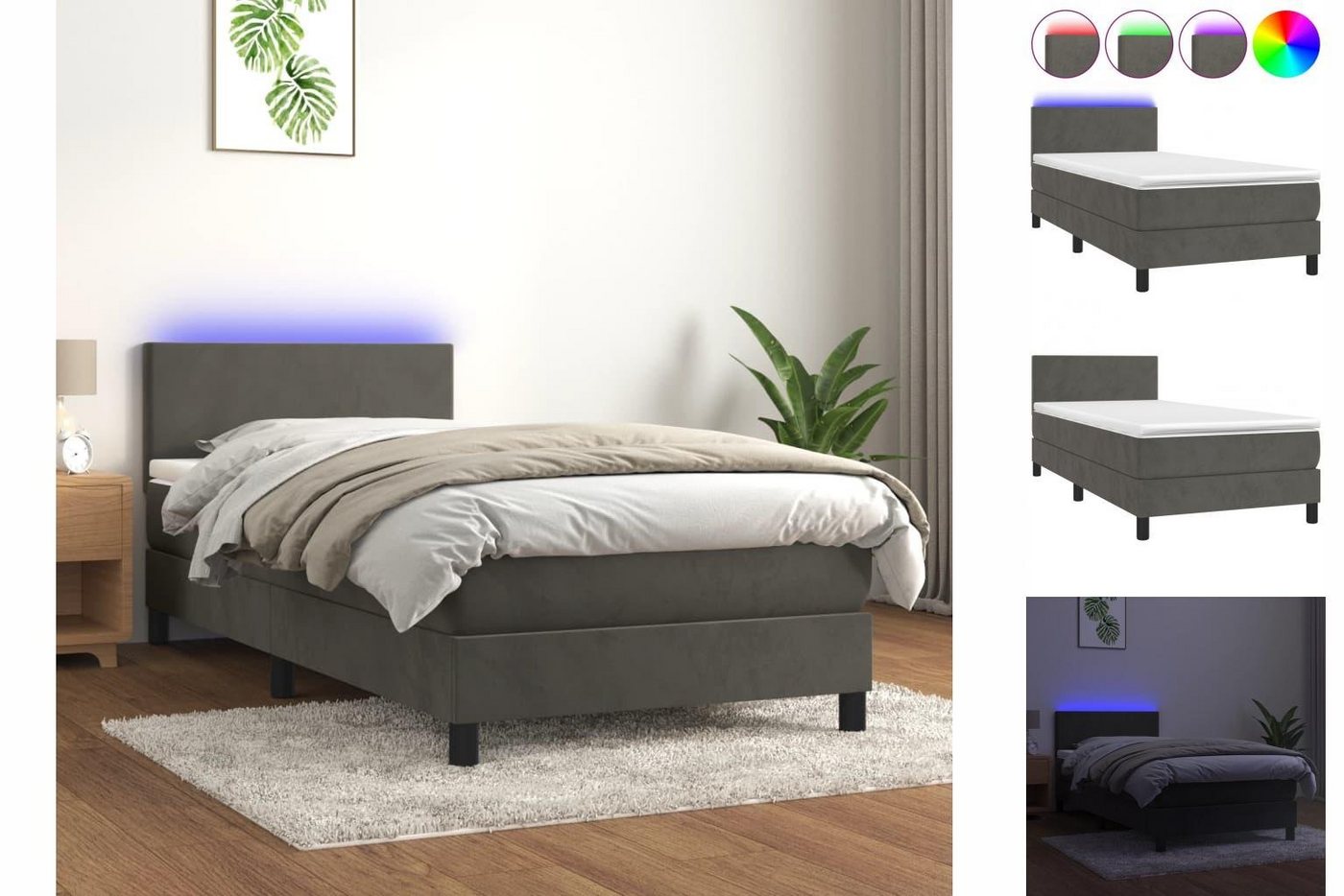 vidaXL Bettgestell Boxspringbett mit Matratze LED Dunkelgrau 90x200 cm Samt günstig online kaufen