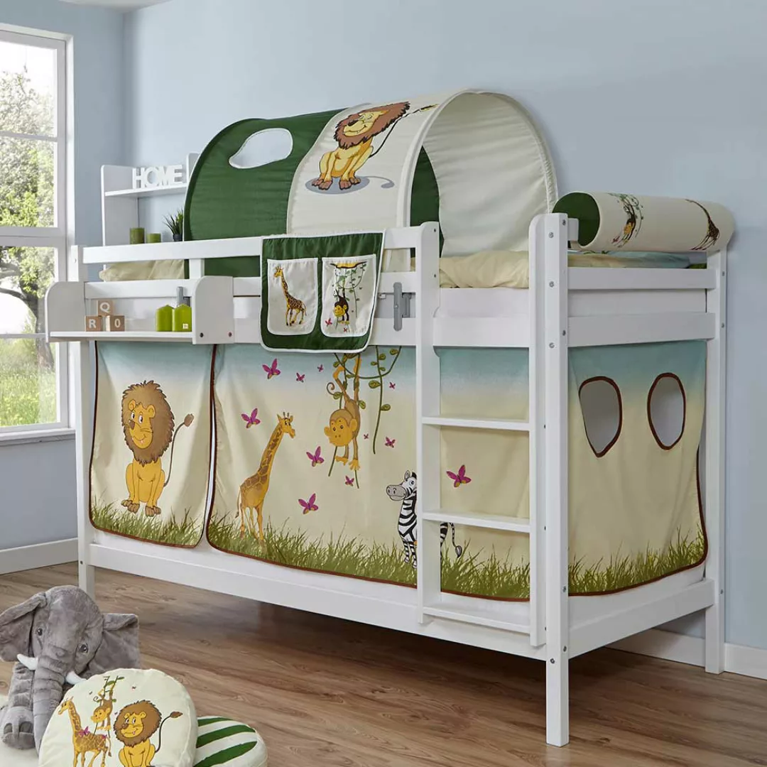 Kinderstockbett aus Buche Massivholz und Webstoff Zootier Motiv günstig online kaufen