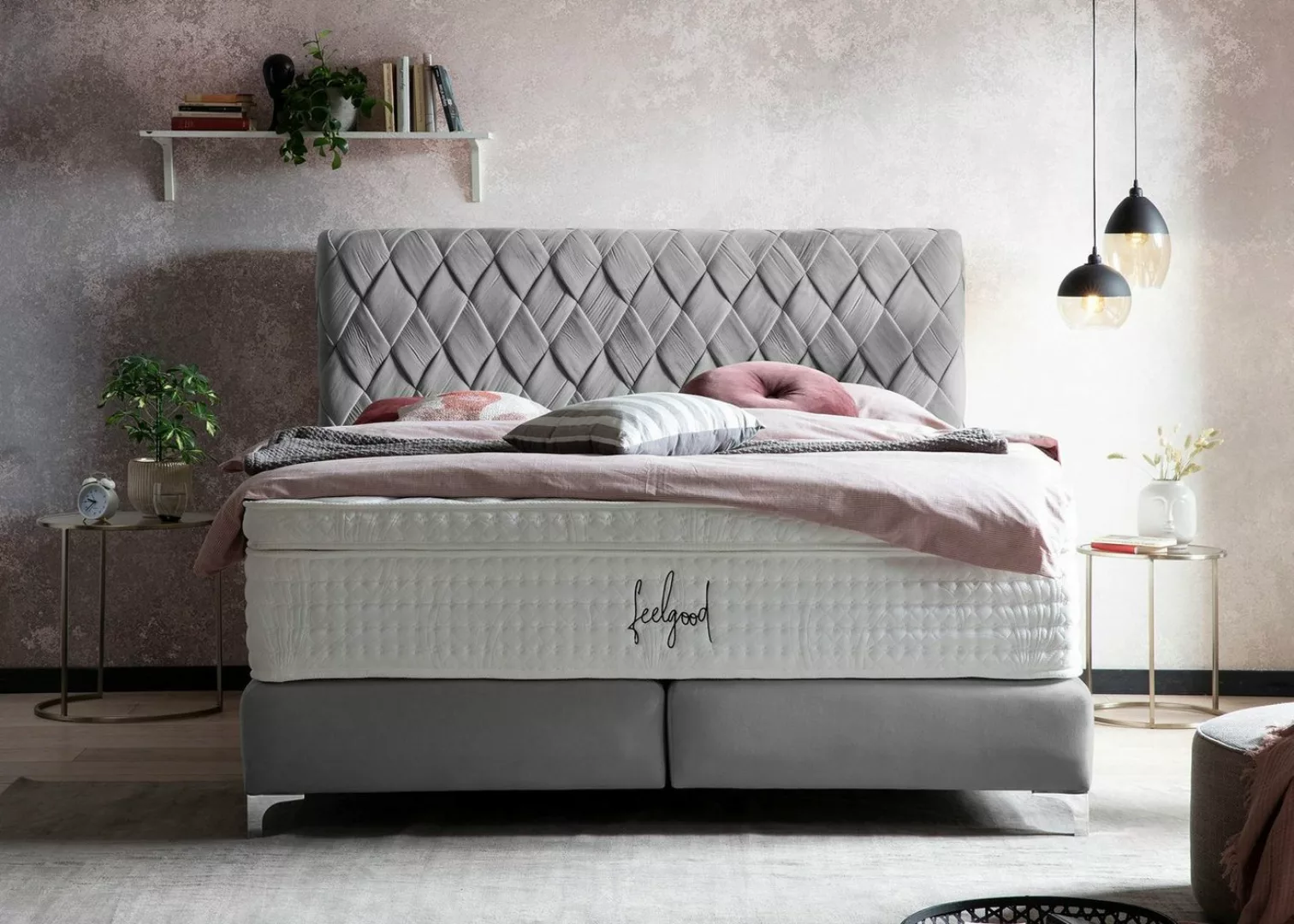 BettCo Boxspringbett Lyon (in Grau Velours, 200 x 200 cm), Kopfteil handgef günstig online kaufen