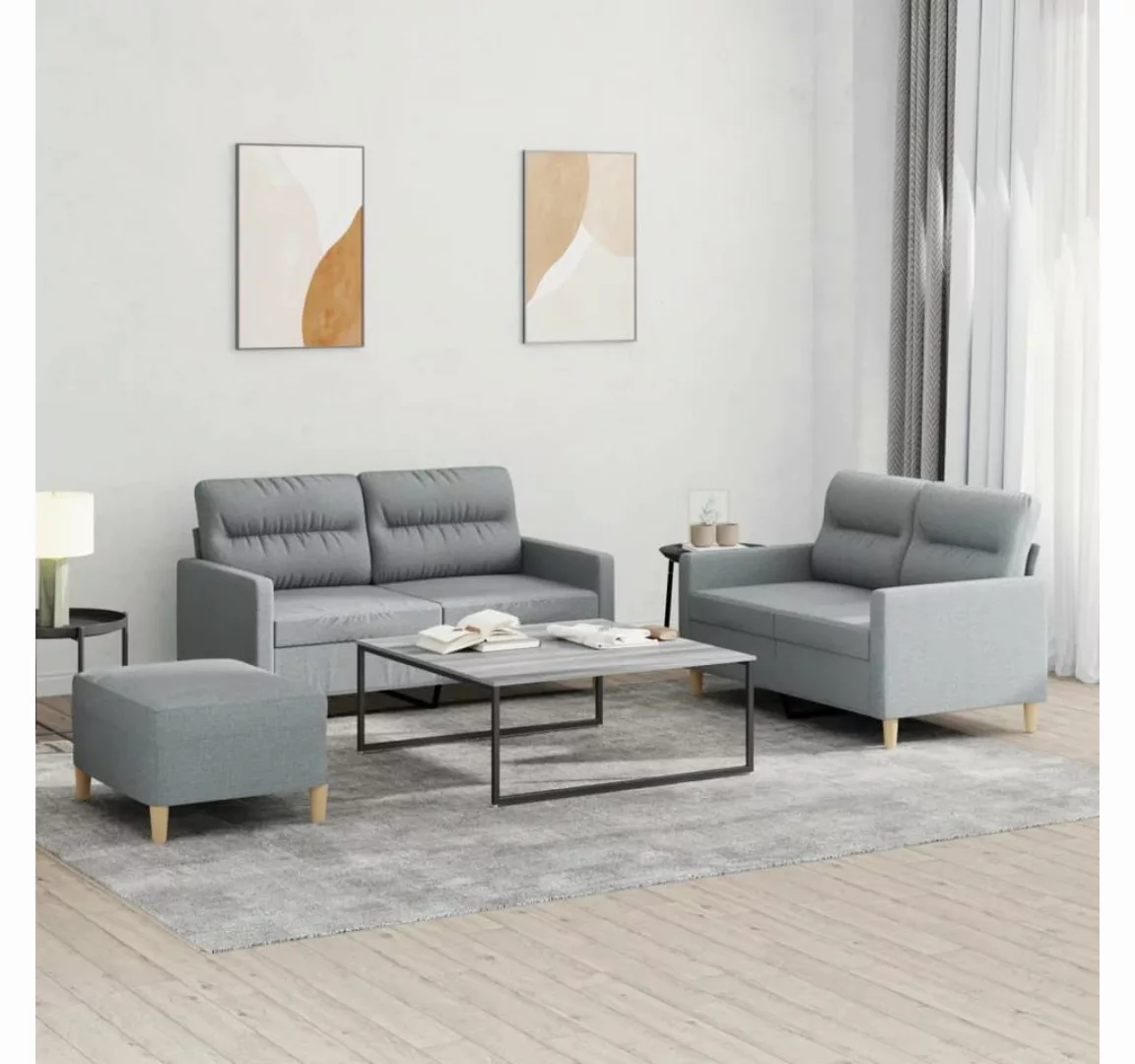 vidaXL Sofa Sofagarnitur Set mit Kissen Stoff, 3-tlg., Hellgrau günstig online kaufen