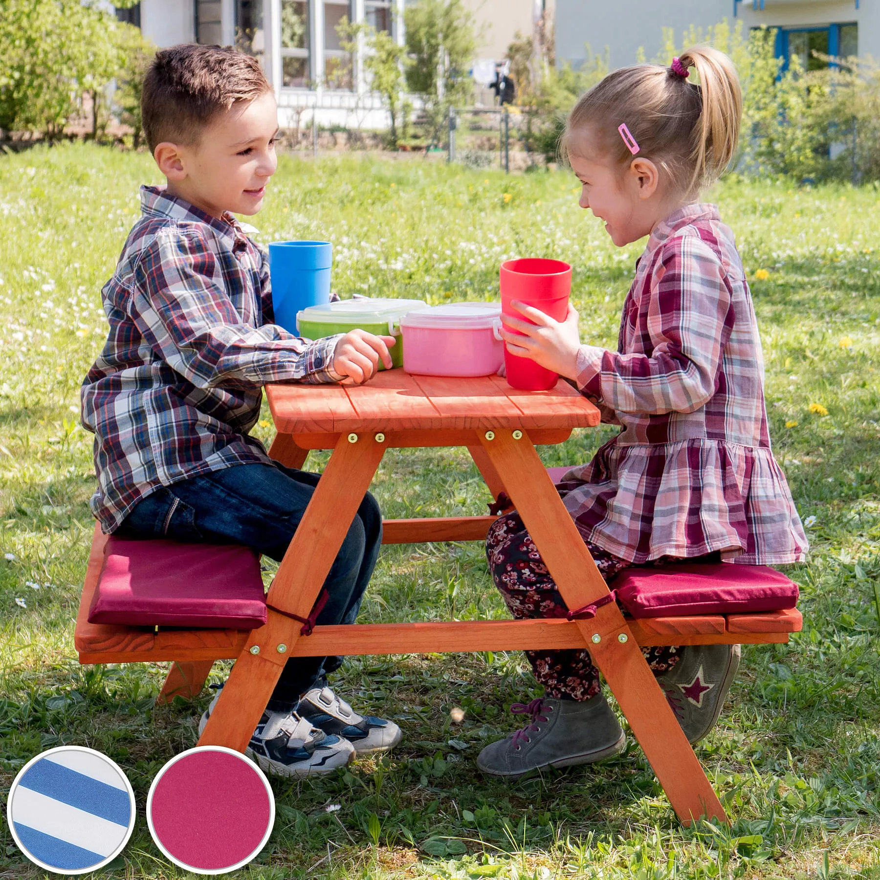 Kinderpicknickbank mit Polsterauflagen - blau/weiß günstig online kaufen