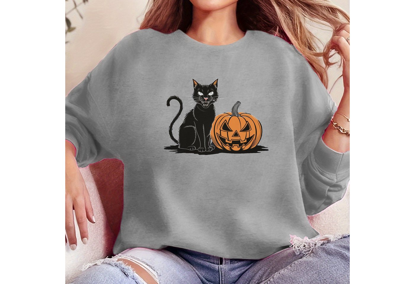 PYL Rundhalspullover Damen Halloween Casual Sweatshirt mit Katze Druck,Lang günstig online kaufen