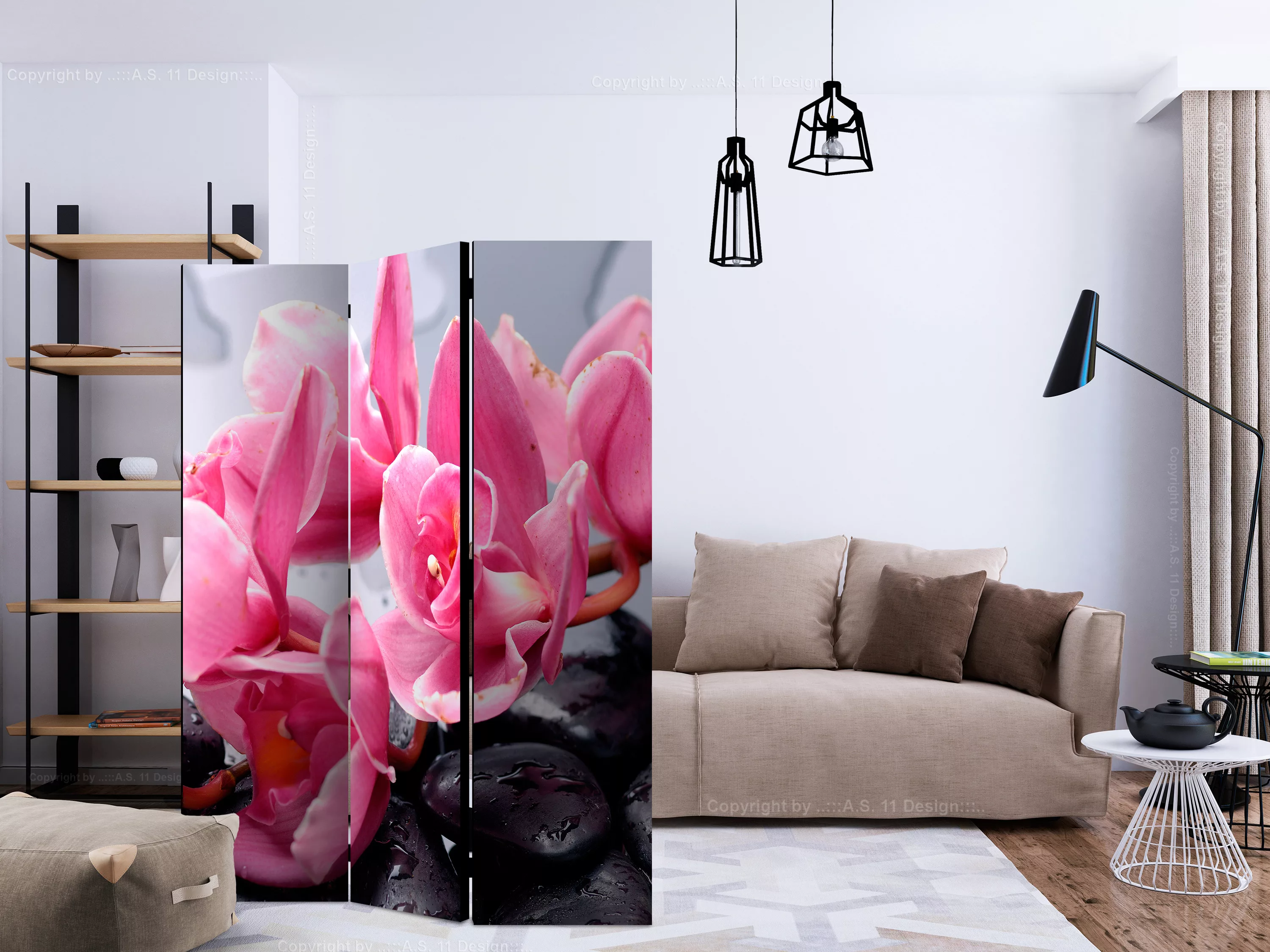 3-teiliges Paravent - Orchid Flowers With Zen Stones [room Dividers] günstig online kaufen