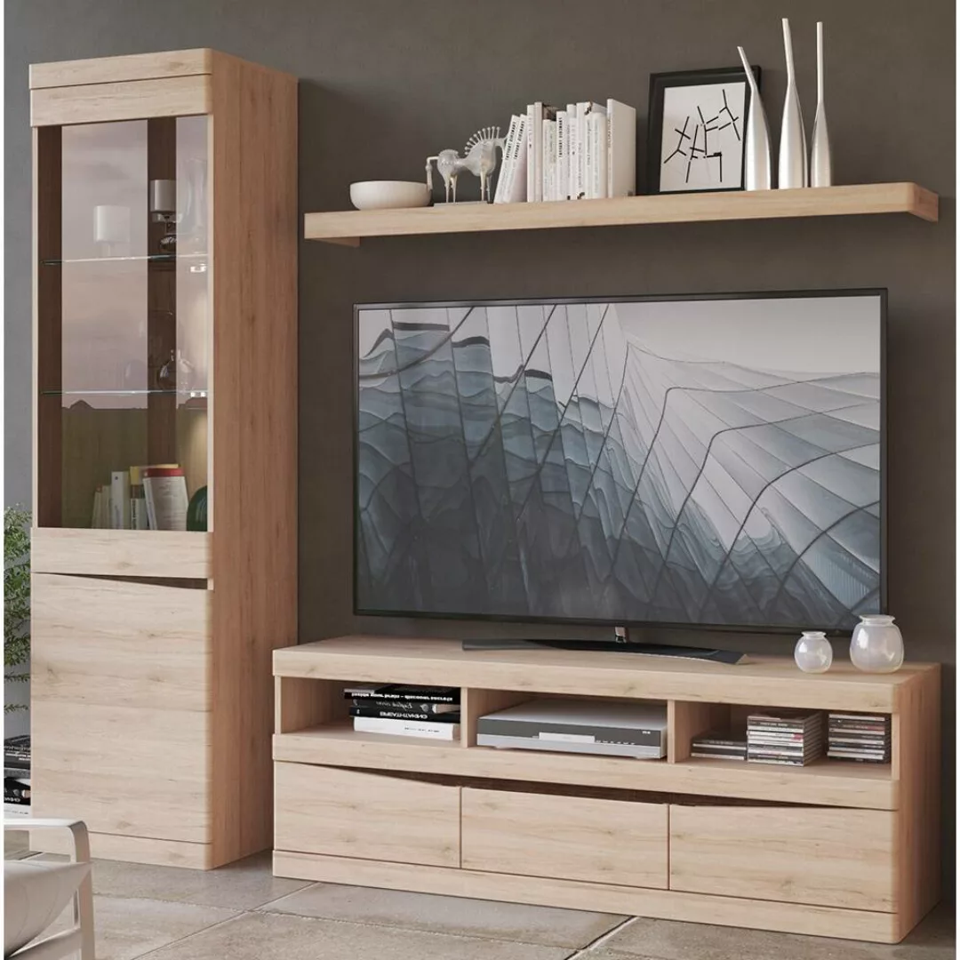 TV Wohnwand mit Lowboard, Wandboard, Vitrine, Beleuchtung SANFORD-129 in Ei günstig online kaufen