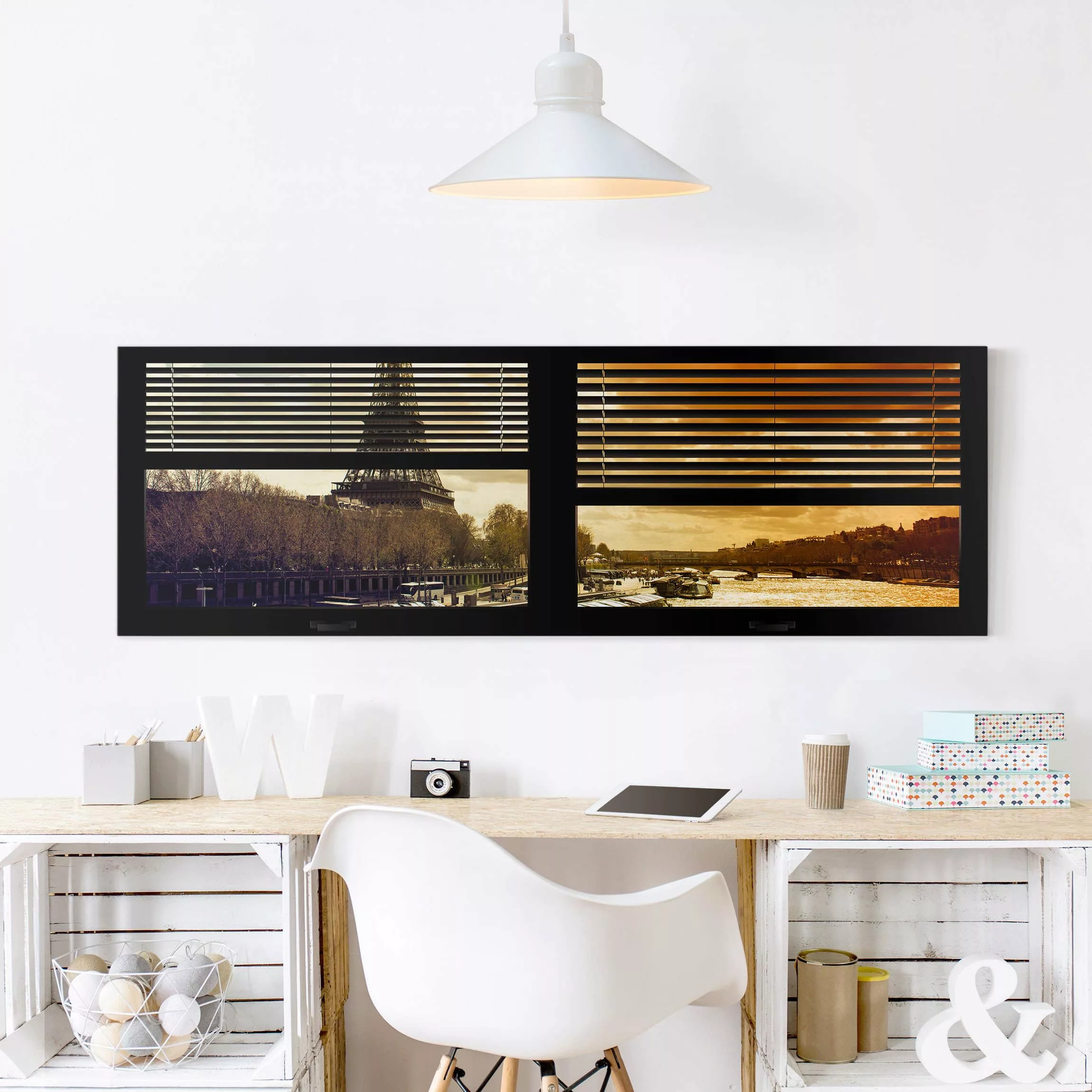 Leinwandbild Paris - Hochformat Fensterausblick Jalousie - Paris Eiffelturm günstig online kaufen