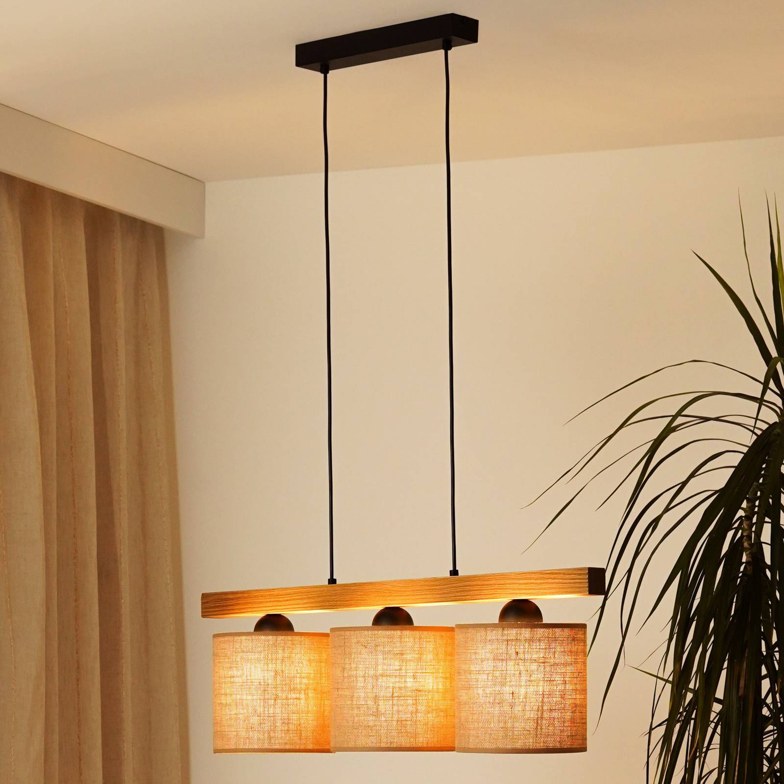 Pendellampe Forest, Holz hell/schwarz, Jute natur, 3-fl. günstig online kaufen