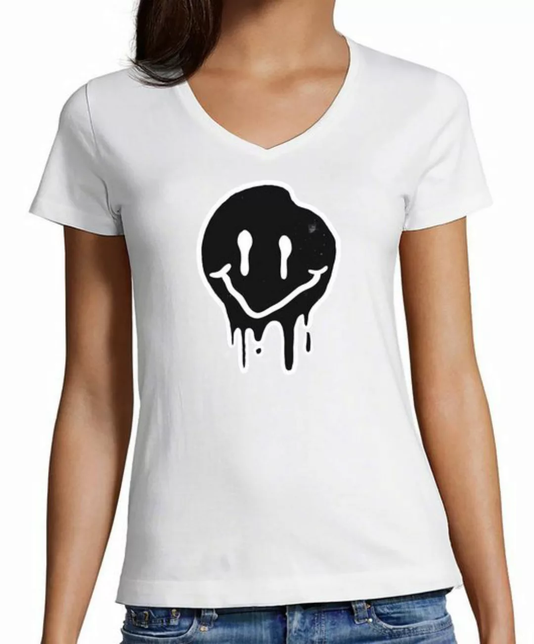 MyDesign24 T-Shirt Damen Smiley Print Shirt - Lächelnder verlaufender Smile günstig online kaufen