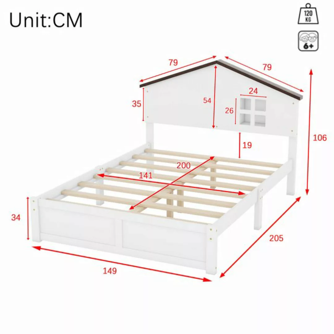 Flieks Kinderbett, Holzbett Hausbett 140x200cm mit Fensterdekoration und LE günstig online kaufen