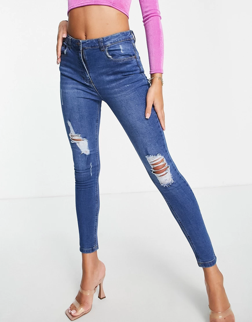 Parisian – Jeans mit enger Schnitt und Rissen in verwaschenem Mittelblau günstig online kaufen