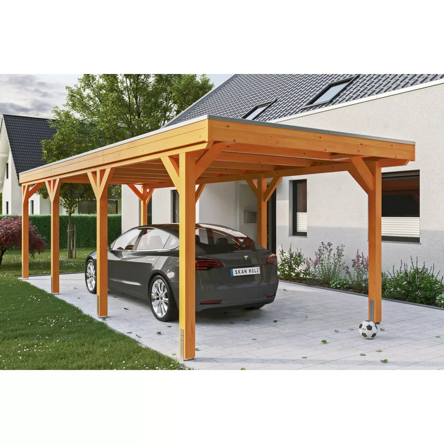 Skan Holz Carport Grunewald 321 cm x 796 cm mit Aluminiumdach Eiche Hell günstig online kaufen