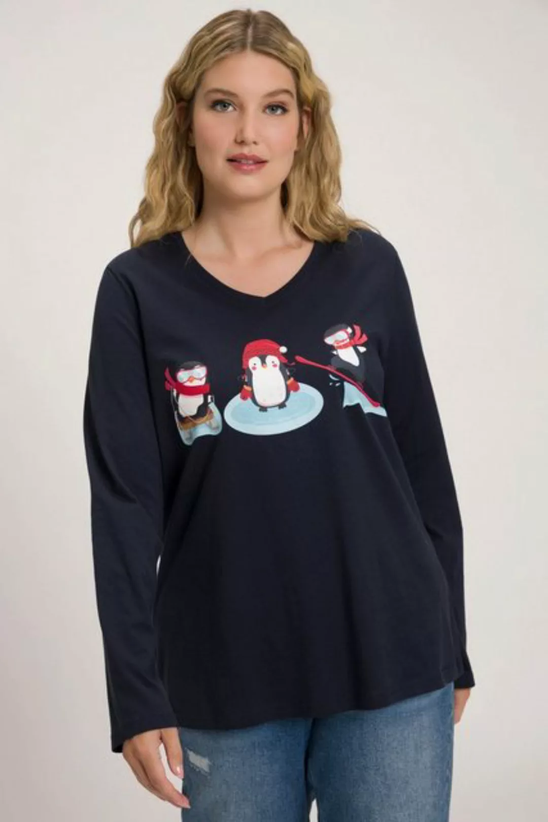 Ulla Popken Rundhalsshirt Shirt Pinguine Classic V-Ausschnitt Langarm günstig online kaufen