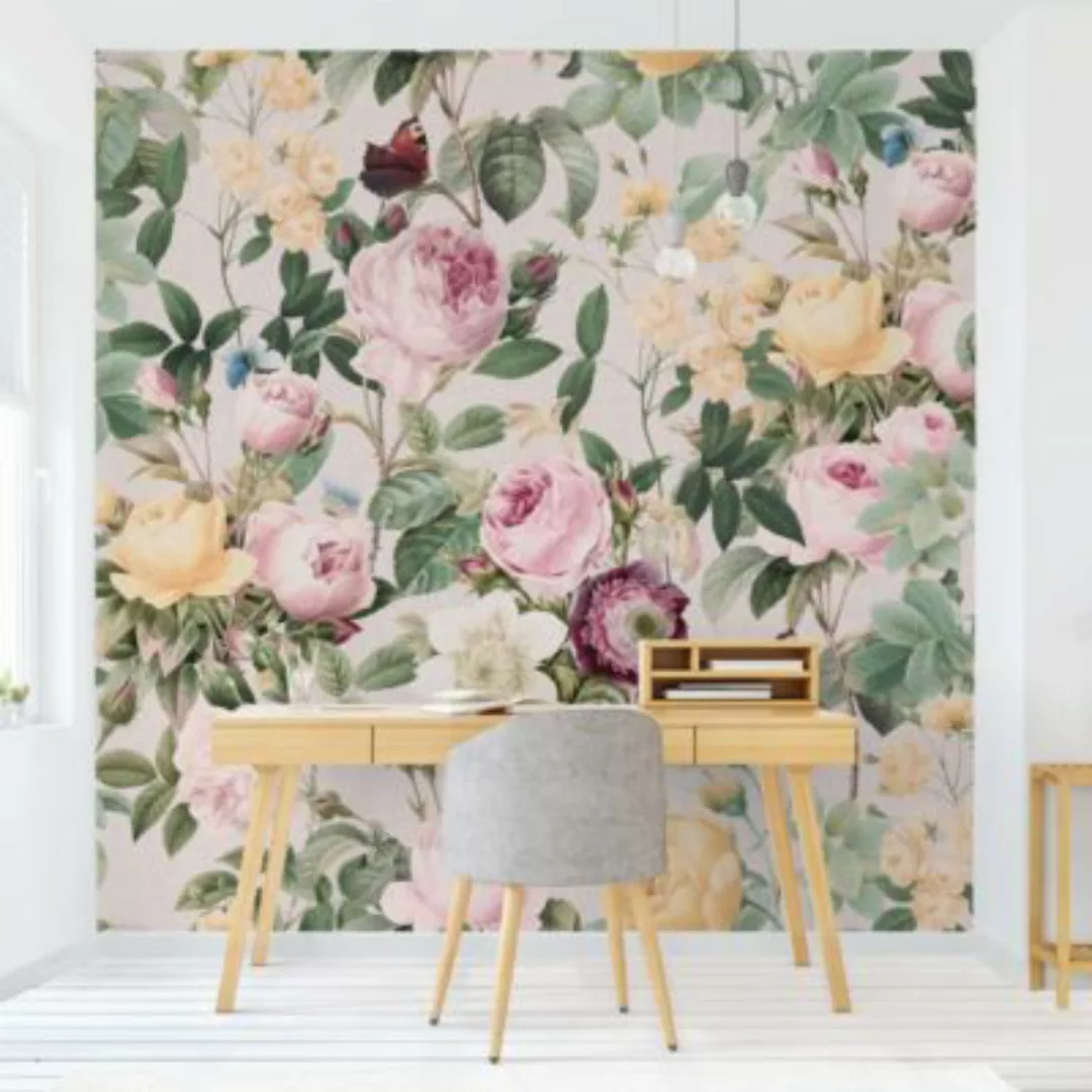 Bilderwelten Fototapete Vintage Blumen Illustration XXL rosa Gr. 240 x 240 günstig online kaufen