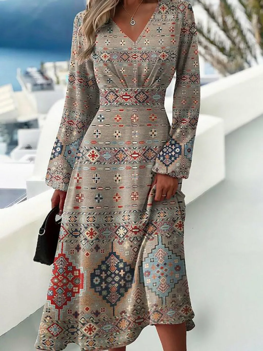 BlauWave Druckkleid Langärmliges Elegantes Bedrucktes Kleid (1-tlg) V-Aussc günstig online kaufen