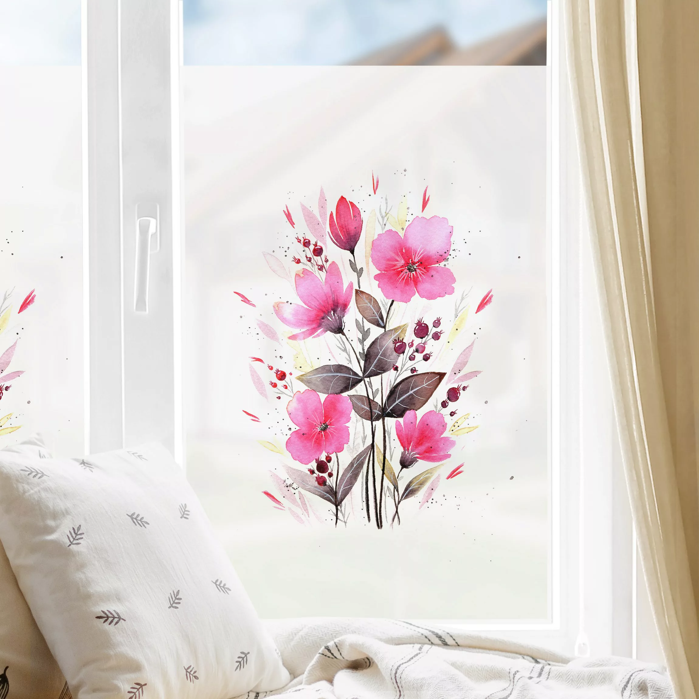 Fensterfolie Esther Meinl - Pinke Aquarell Blumen im Sommer günstig online kaufen