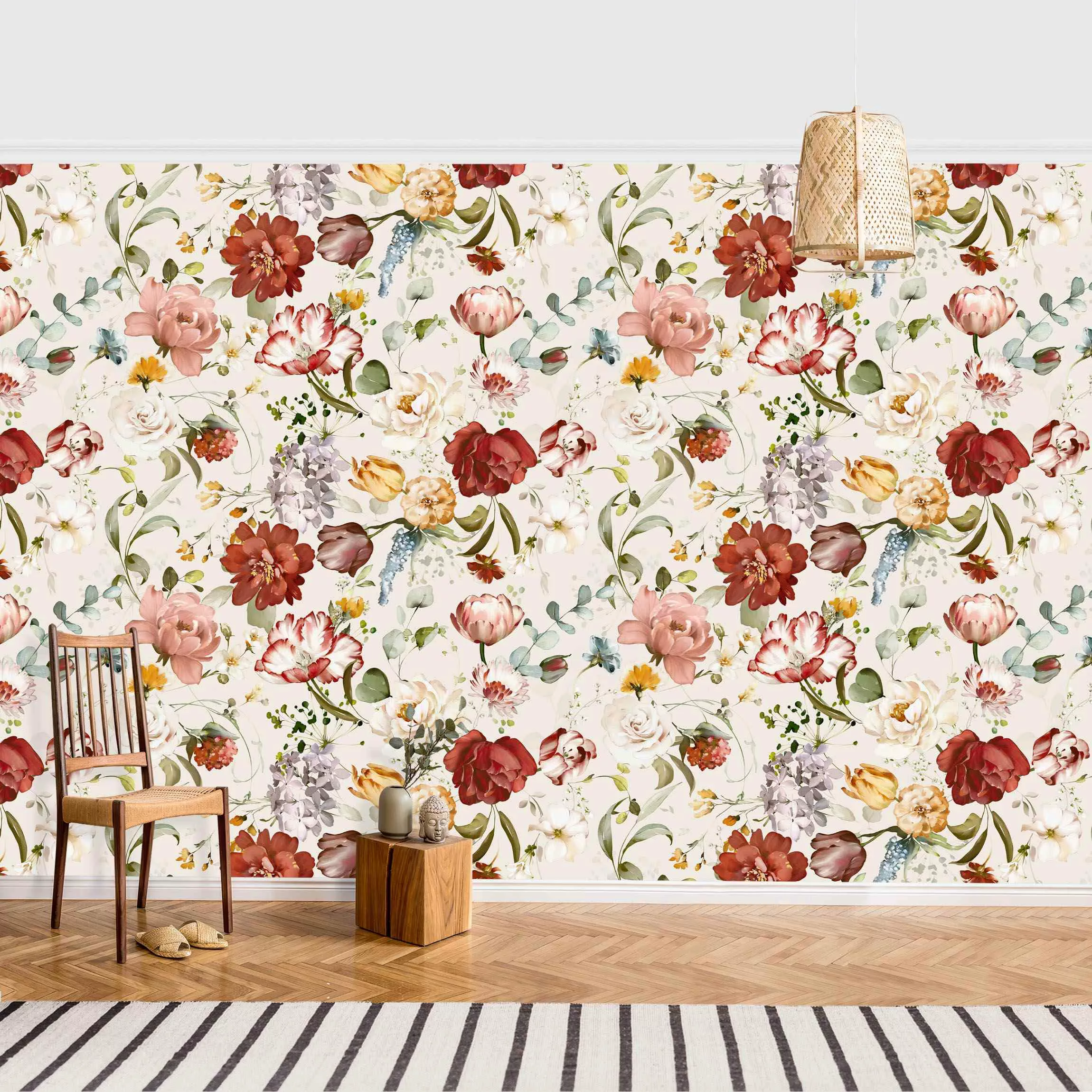 Fototapete Blumen Aquarell Vintage Muster auf Beige günstig online kaufen