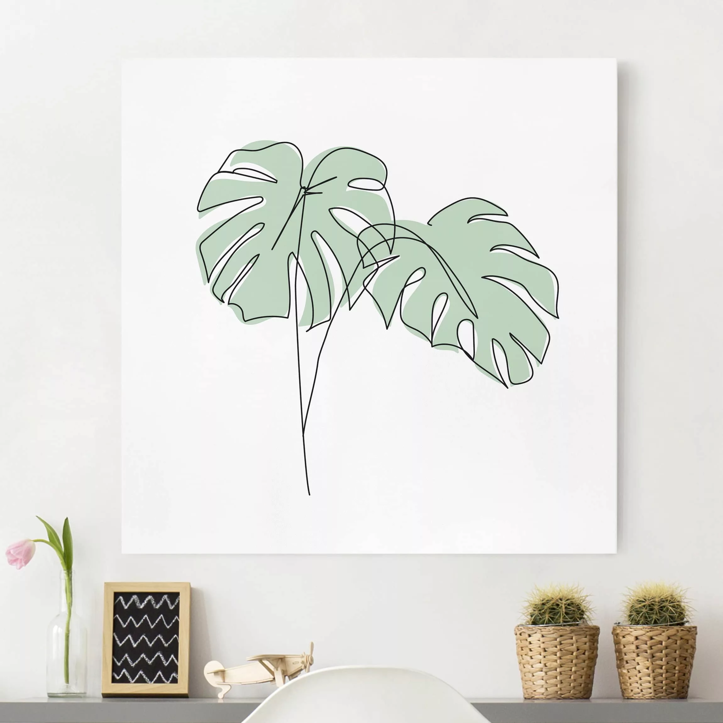 Leinwandbild Blumen - Quadrat Monstera Blätter Line Art günstig online kaufen