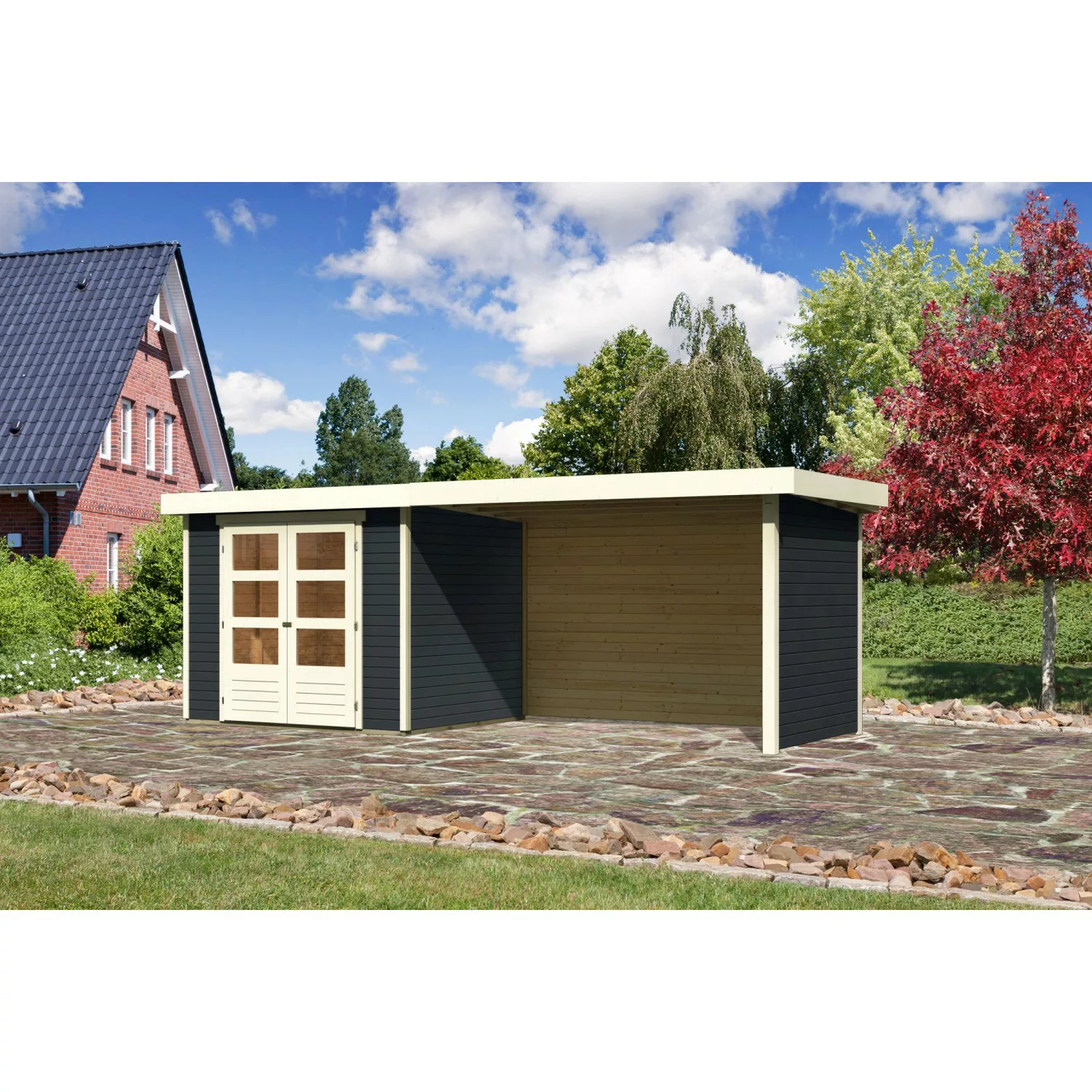 Karibu Gartenhaus/Gerätehaus Boras 3 Anthrazit 497x217 cm mit Anbaudach und günstig online kaufen