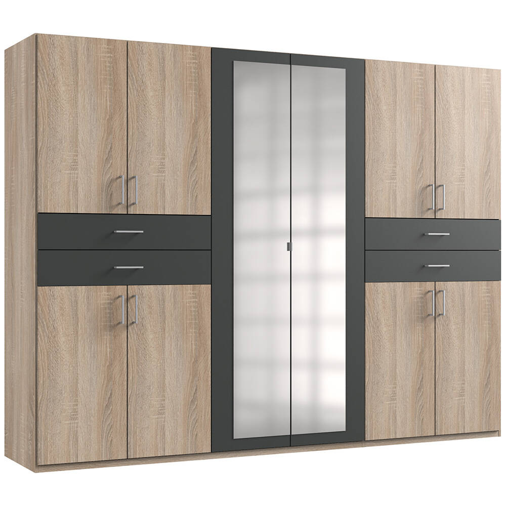 Kleiderschrank mit Spiegel, 270 cm breit modern in Eiche sägerau mit graphi günstig online kaufen