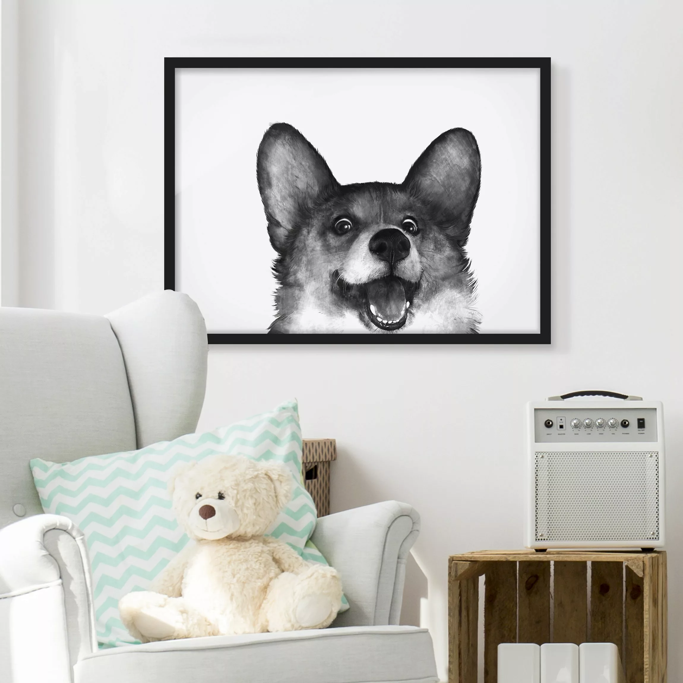 Bild mit Rahmen Tiere - Querformat Illustration Hund Corgi Weiß Schwarz Mal günstig online kaufen